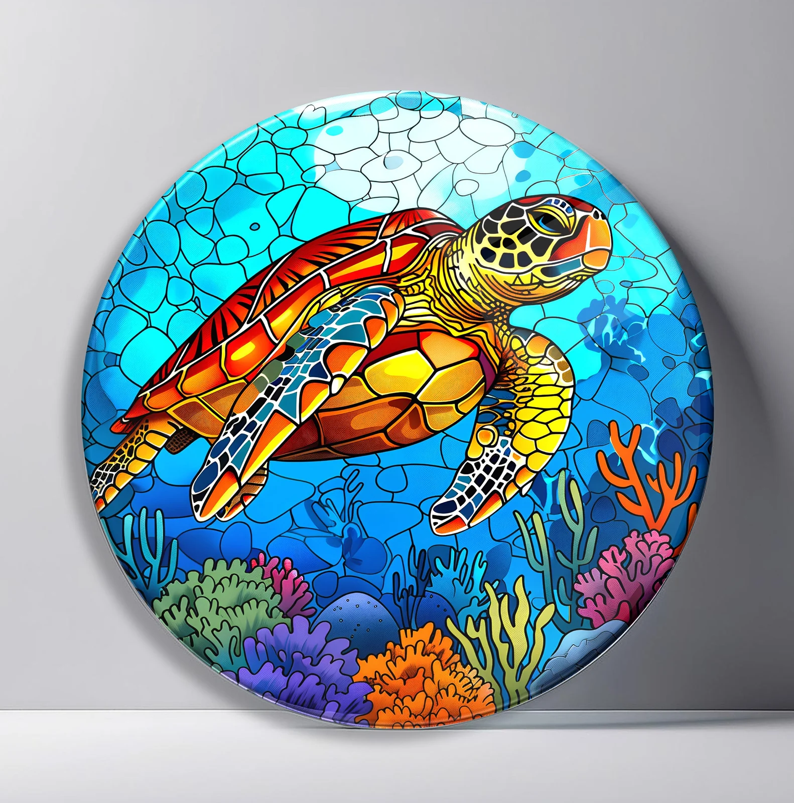 Mosaic Sea Turtle Reef Round Glass Wall Art featuring stained-glass sea turtle gliding over bright coral