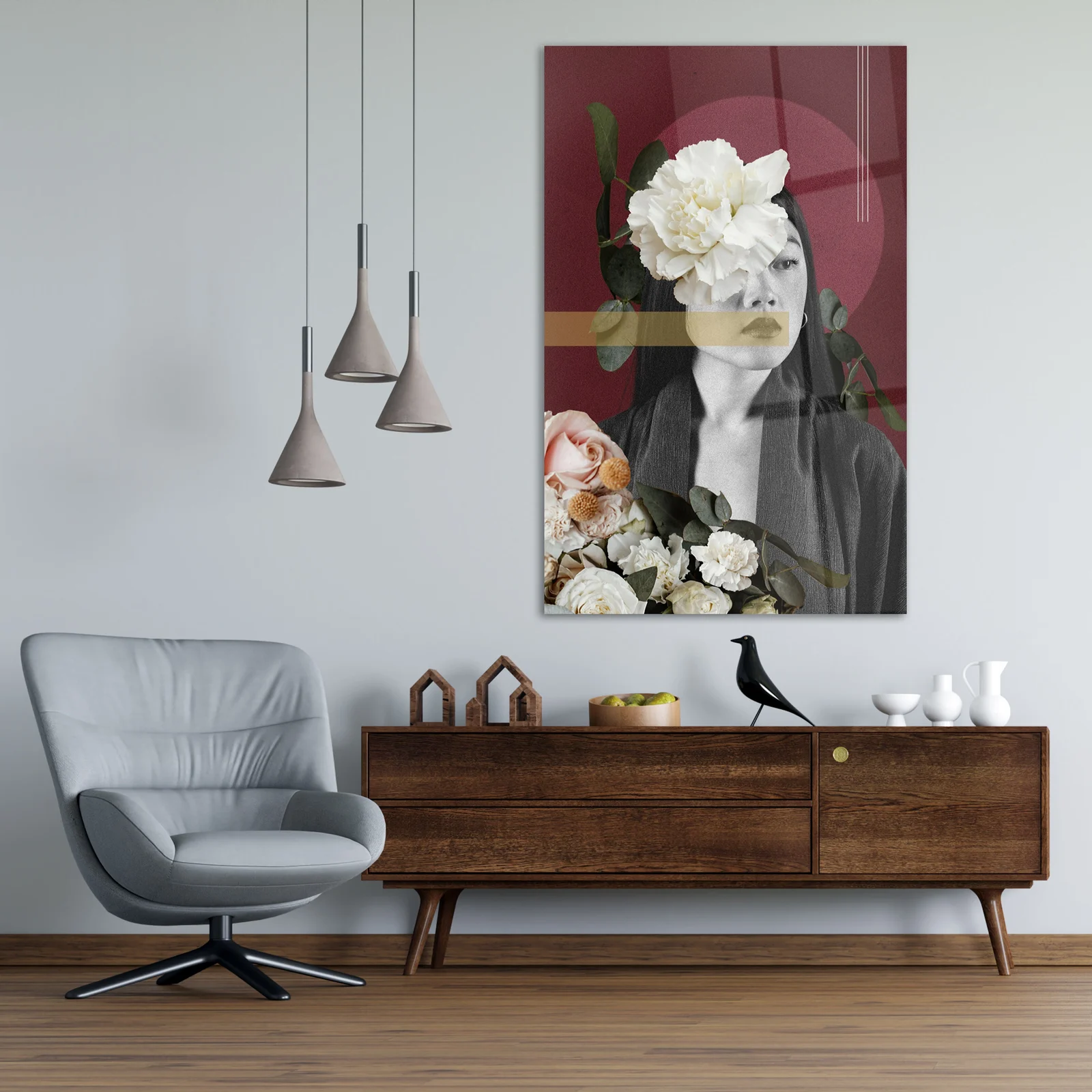 Fashion peony collage portrait glass wall art shown in a modern living room