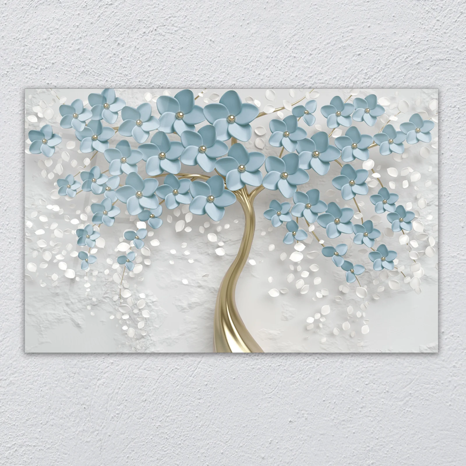 Blue blossom tree floral glass wall art shown in a modern living room