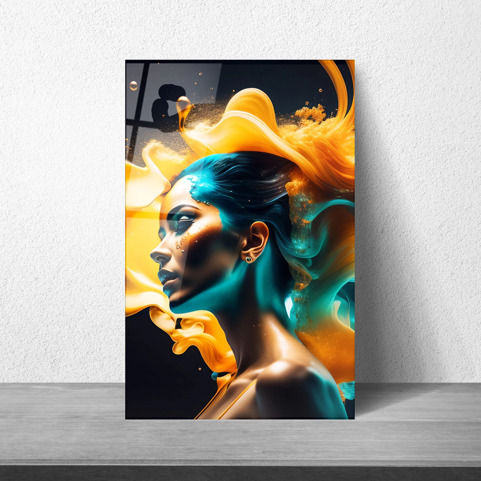 Teal and orange paint woman profile glass wall art displayed above a sofa