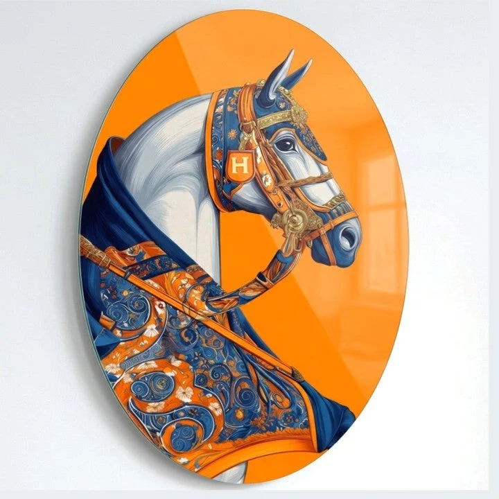 Ornate Blue Harness White Horse Oval Glass Wall Art, front product view on a neutral background