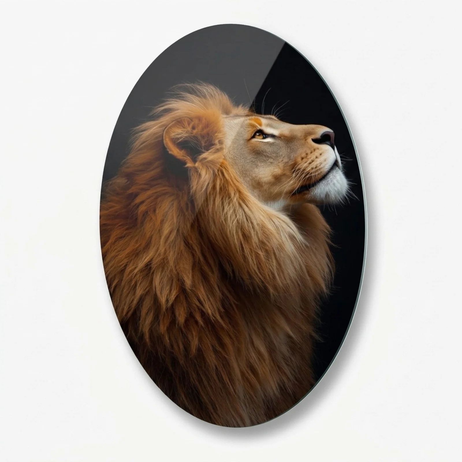 Majestic Lion Profile Oval Glass Wall Art, front product view on a neutral background