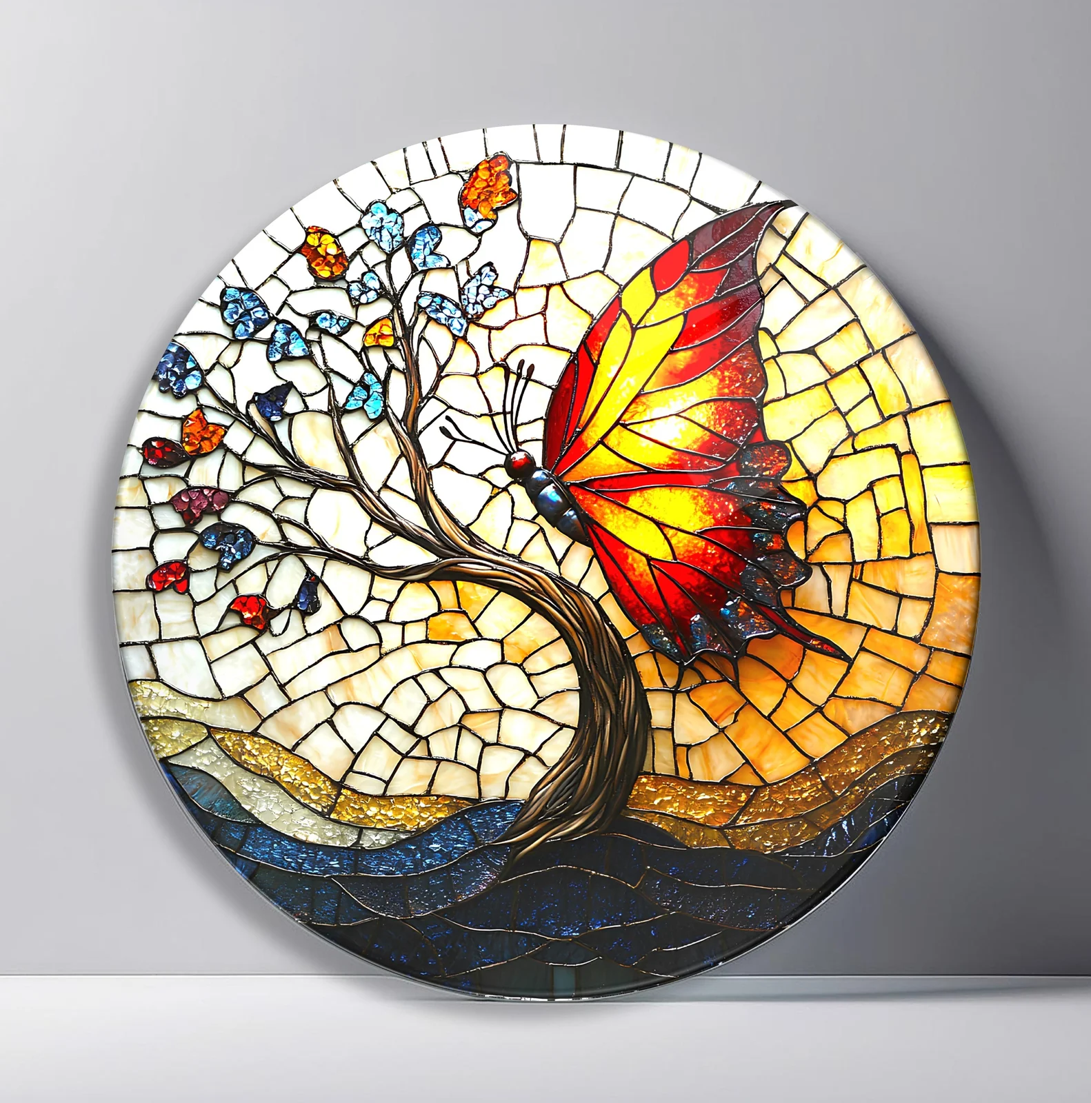 Butterfly Awakening Tree Round Glass Wall Art featuring large red butterfly rising from a curved mosaic tree