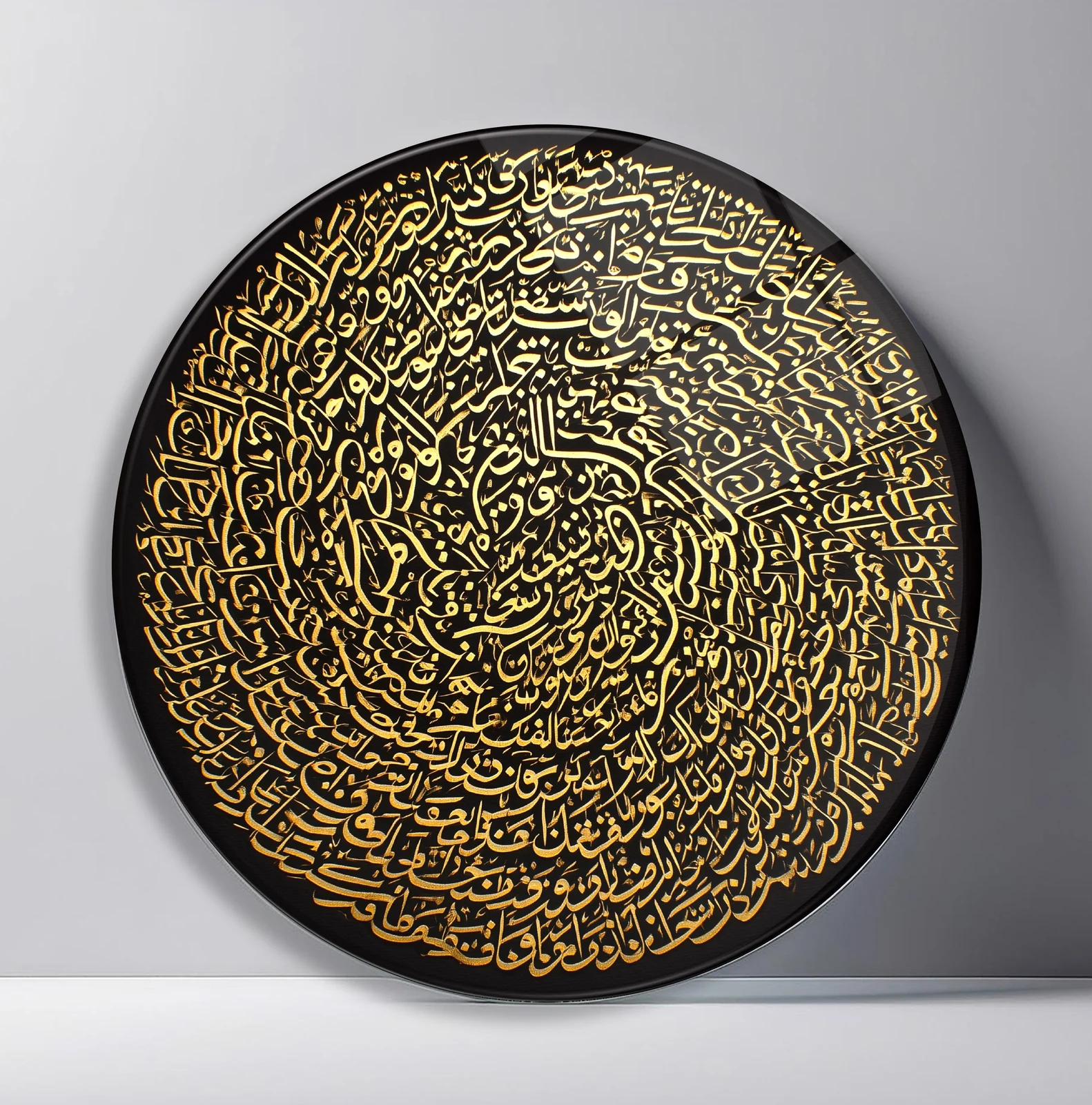 Golden Arabic Calligraphy Spiral Round Glass Wall Art featuring dense gold Arabic script curling into a circular spiral on black