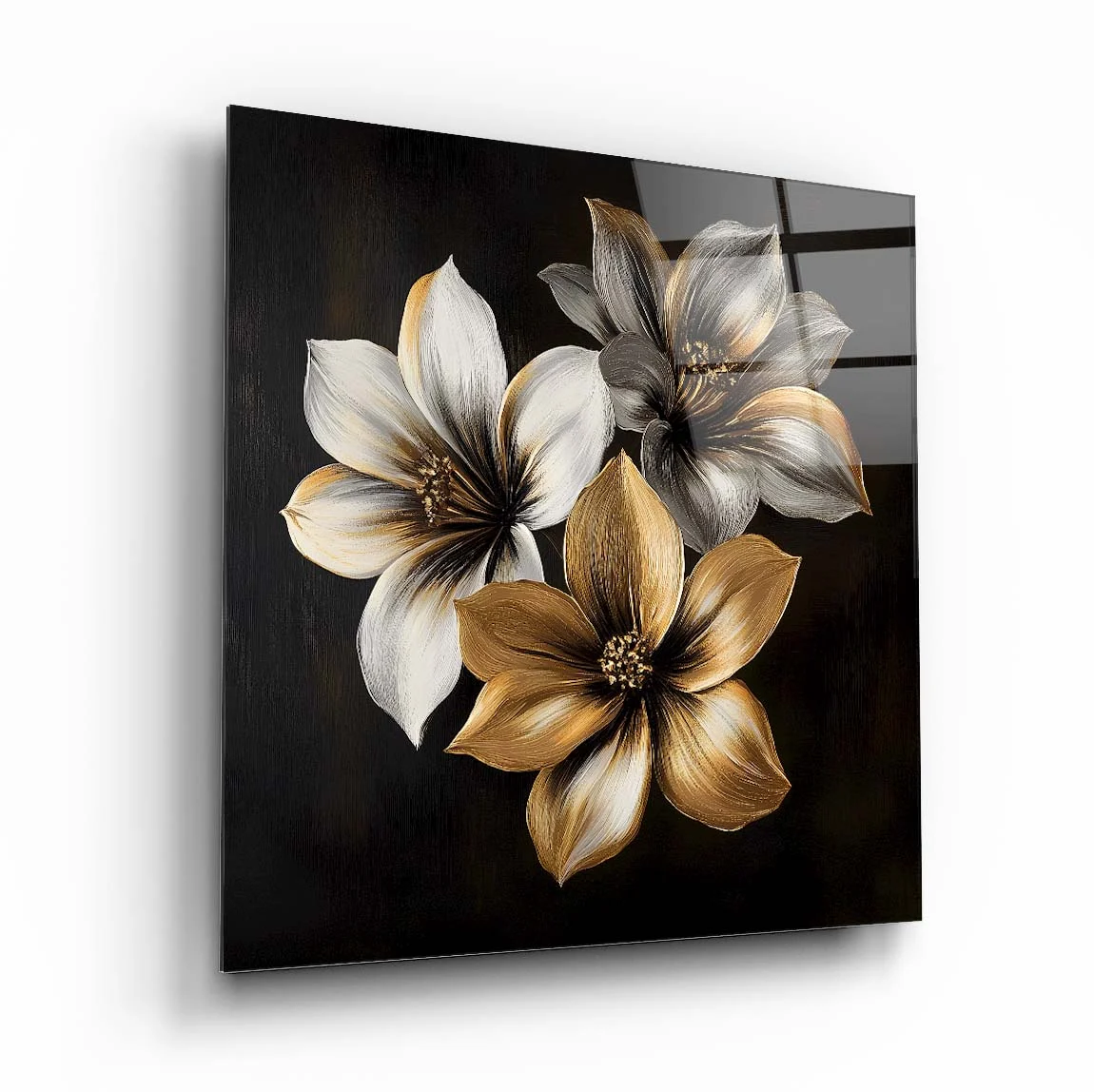 Ivory and Bronze Magnolia Square Glass Wall Art, front angled view