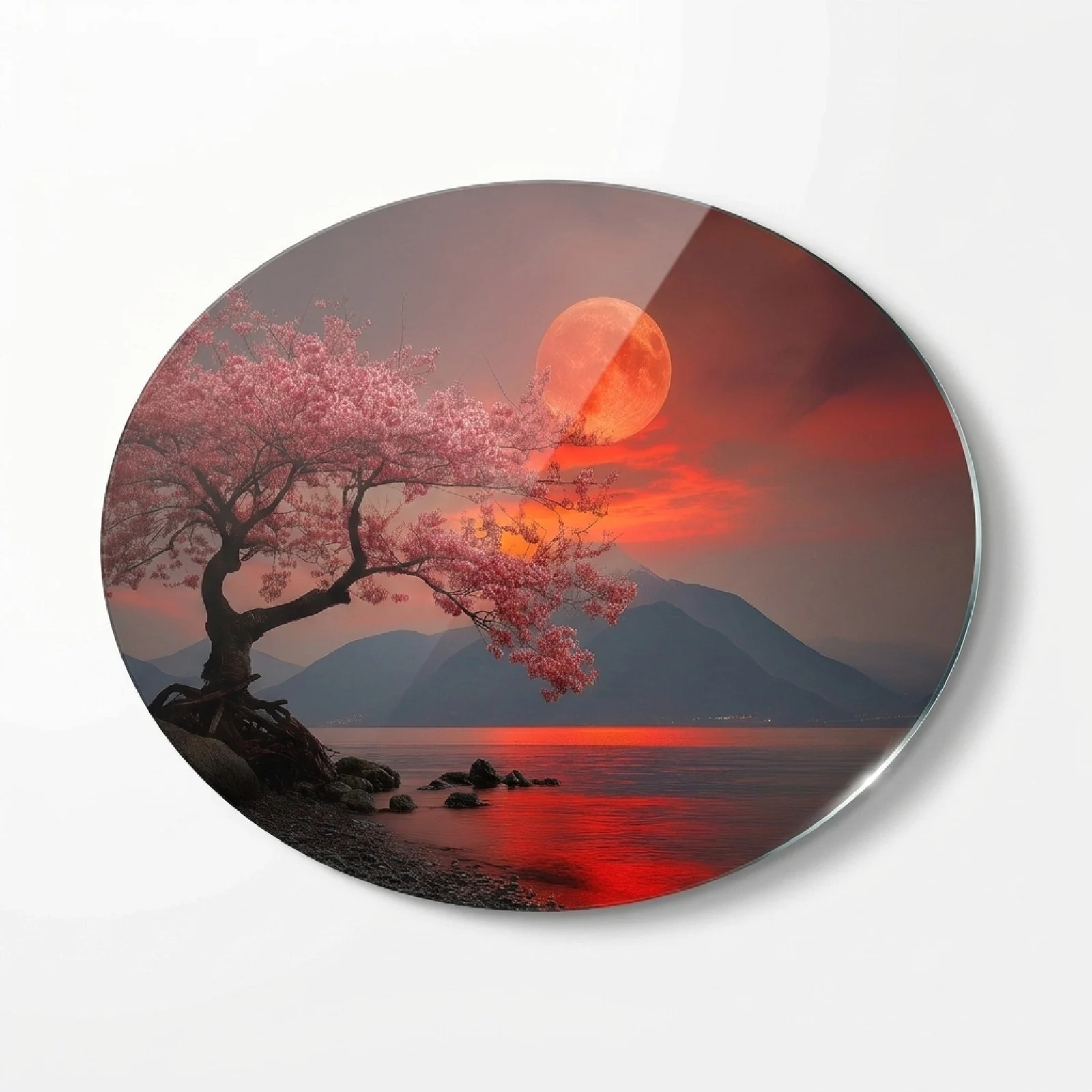 Sakura Tree under Red Moon Horizontal Oval Glass Wall Art, front product view on a neutral background