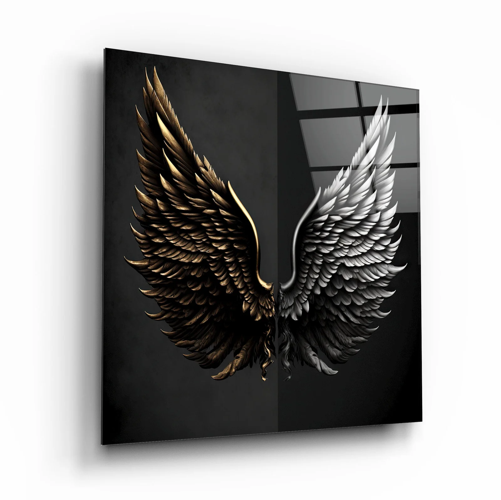 Black and Silver Angel Wings Square Glass Wall Art, front angled view