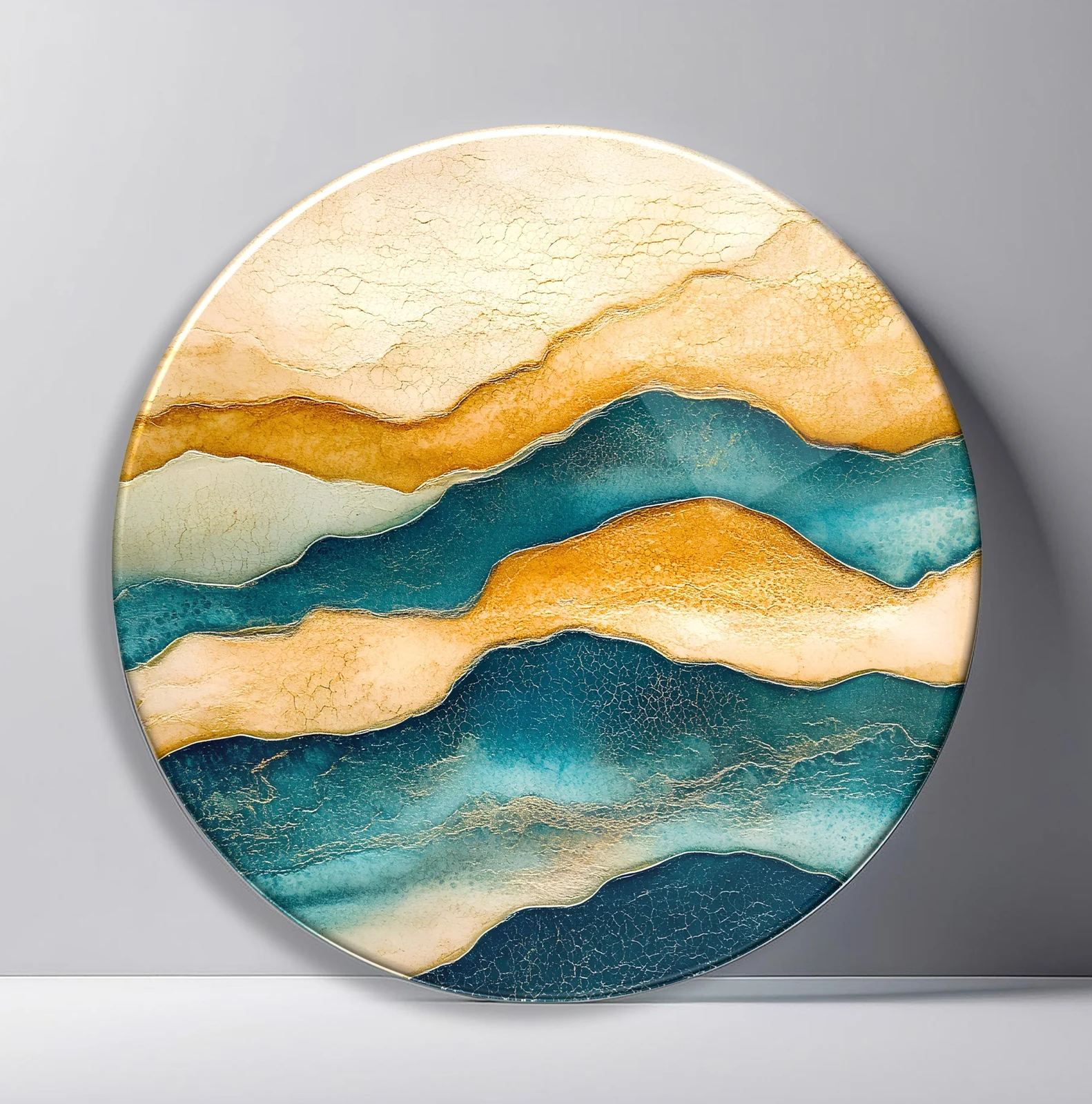 Teal Gold Layered Tides Round Glass Wall Art featuring undulating teal, cream, and gold bands resembling coastal strata