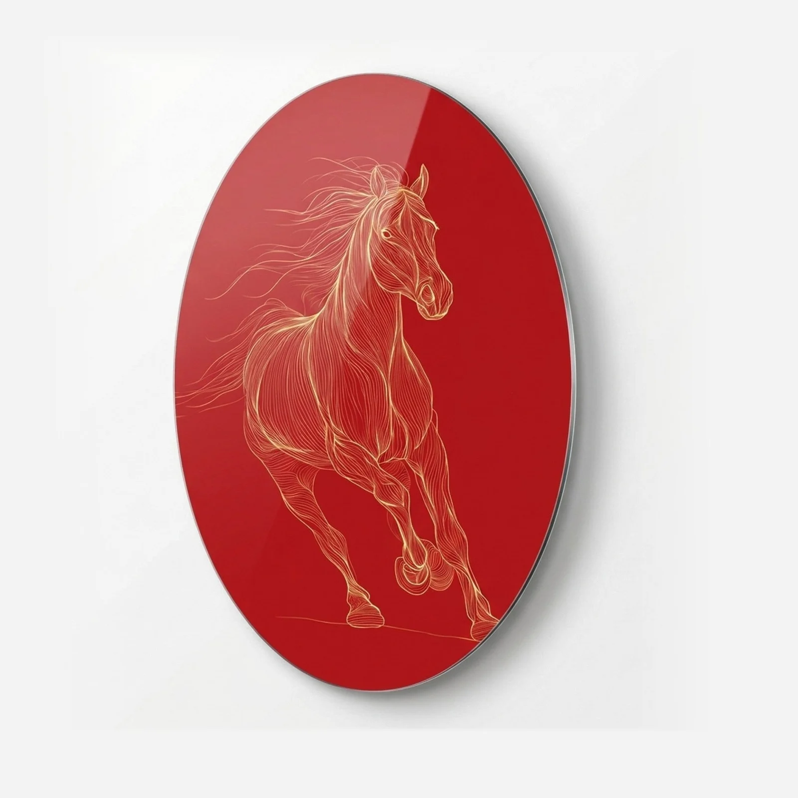 Gold Horse Line Art on Red Oval Glass Wall Art, front product view on a neutral background