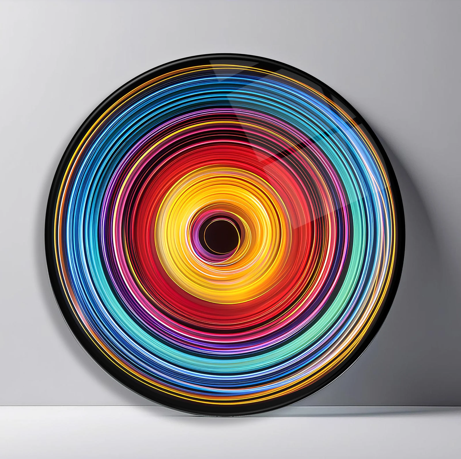 Rainbow Vinyl Rings Round Glass Wall Art featuring saturated color bands spinning around a dark central opening
