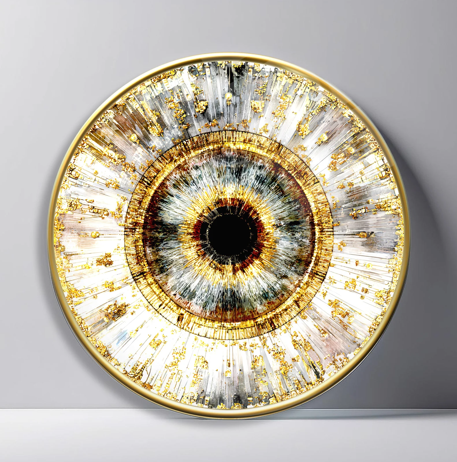 Golden Feather Iris Round Glass Wall Art featuring white and gold feather-like rays around a dark luminous pupil