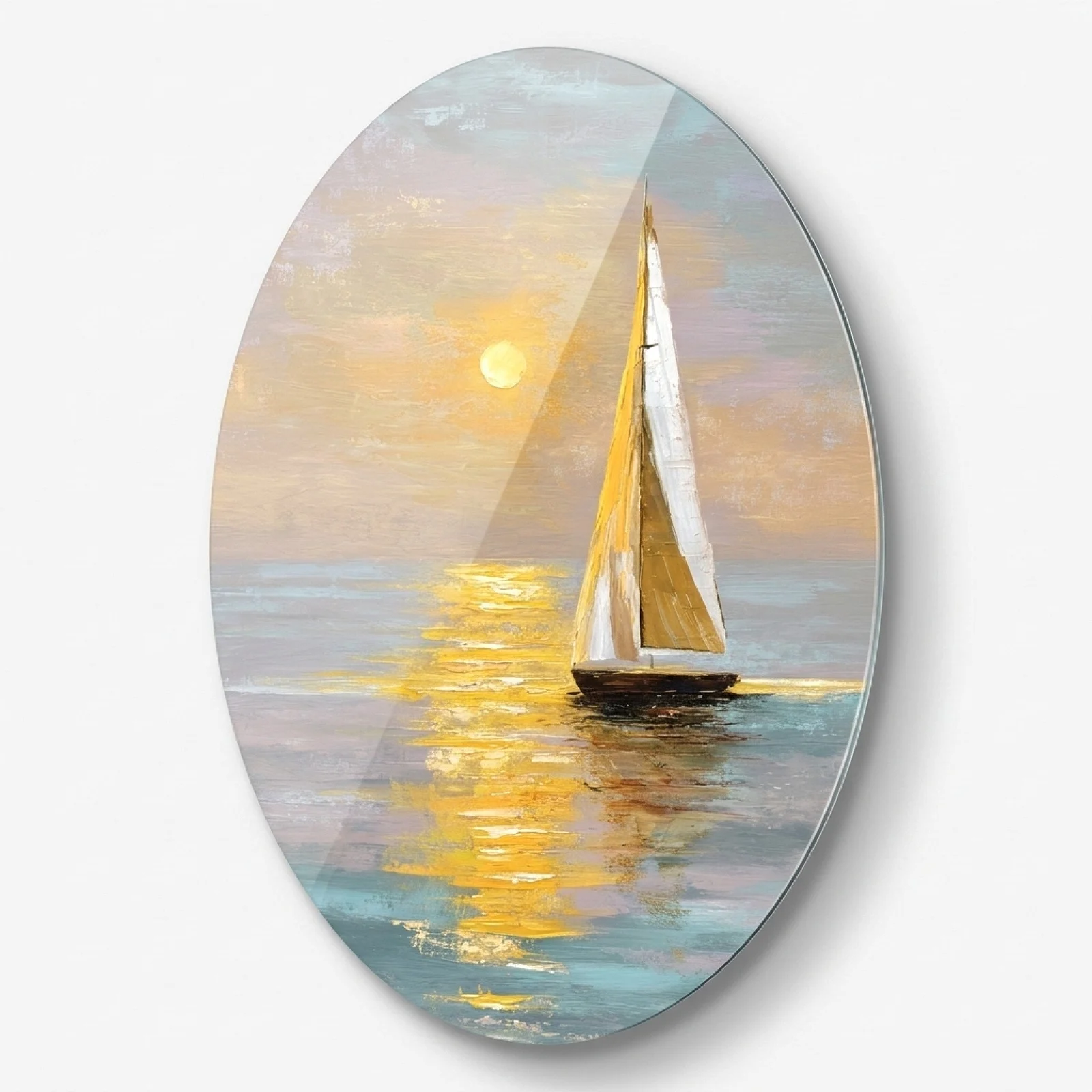 Sailboat at Golden Sunset Oval Glass Wall Art, front product view on a neutral background