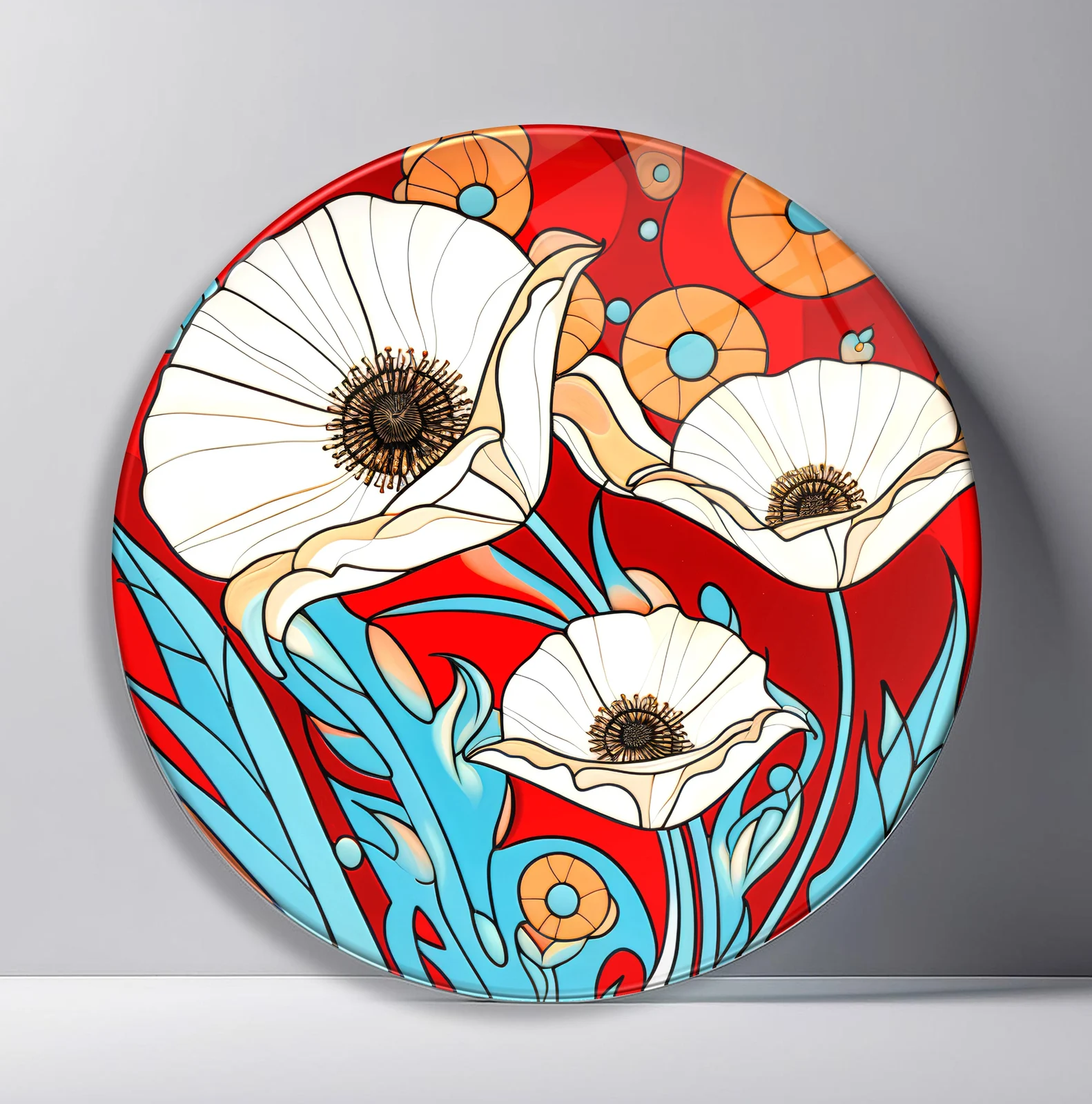 Coral Poppy Dance Round Glass Wall Art featuring large white poppies floating through a coral red patterned garden