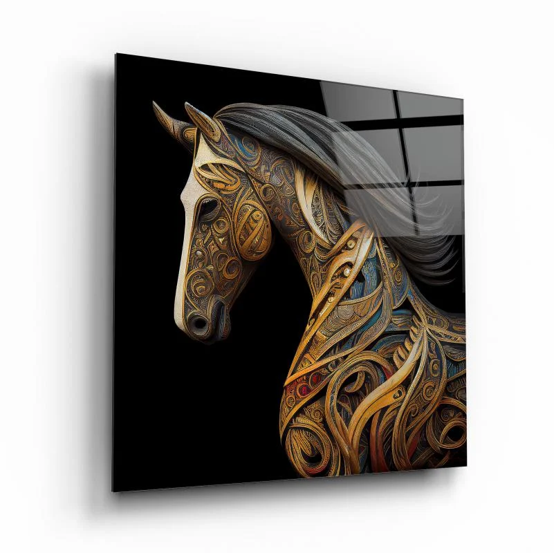 Ornamental Golden Horse Square Glass Wall Art, front angled view