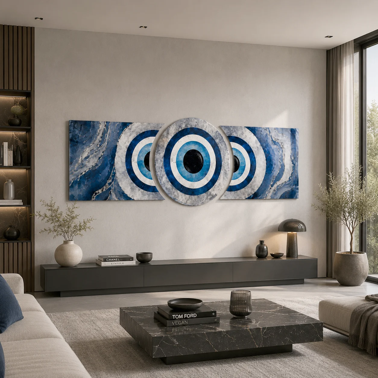 Blue Concentric Eye Custom-Cut Three-Piece Glass Wall Art, displayed above a console in a warm modern living room