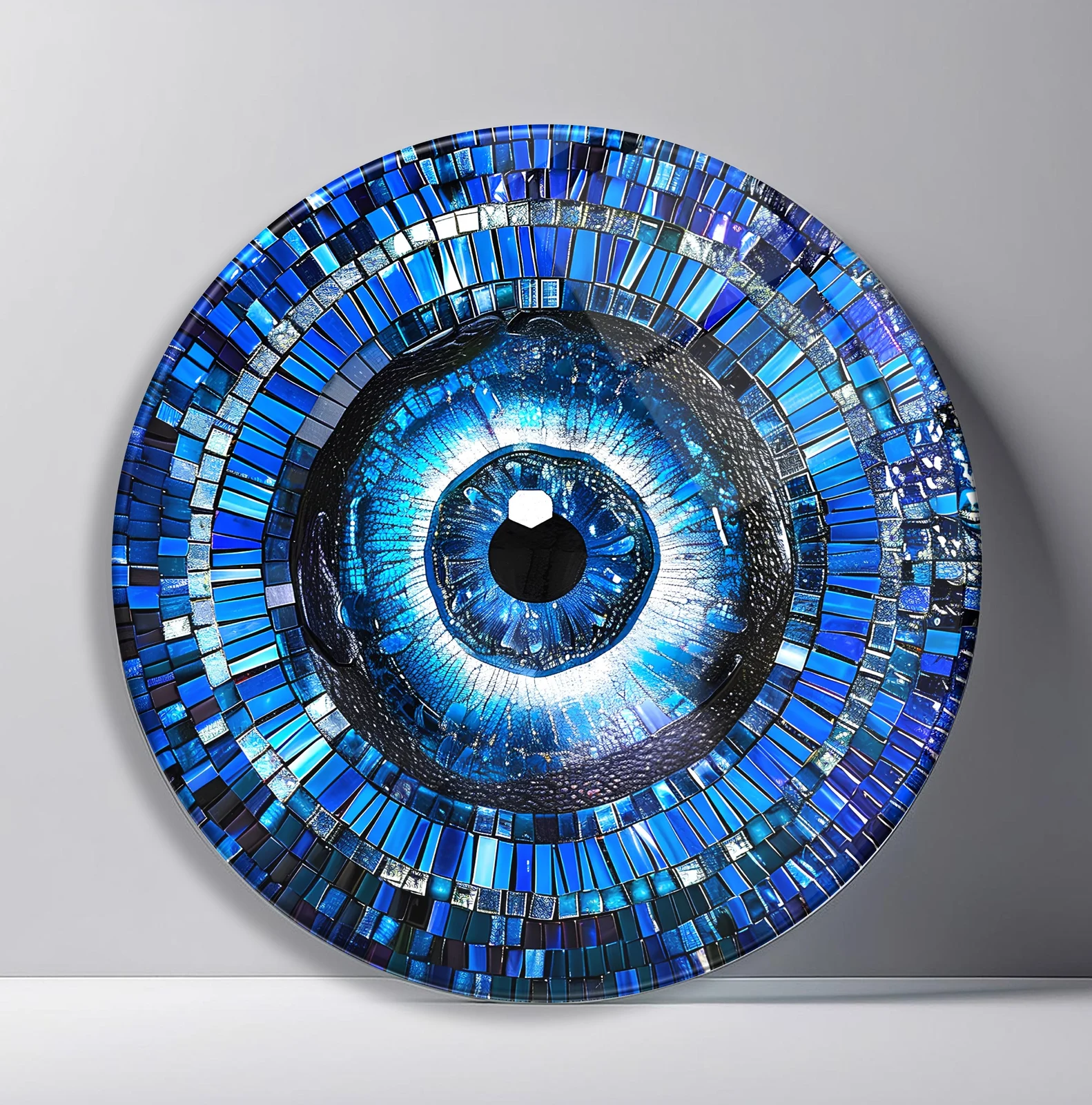 Sapphire Mosaic Eye Round Glass Wall Art featuring concentric blue mosaic tiles forming a luminous eye-like center