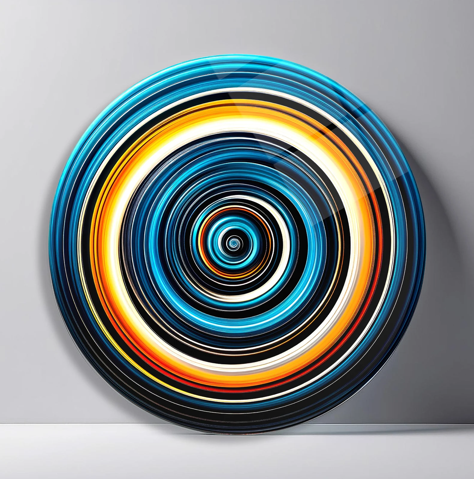 Solar Eclipse Orbit Round Glass Wall Art featuring bright cream and amber rings circling a cool blue core