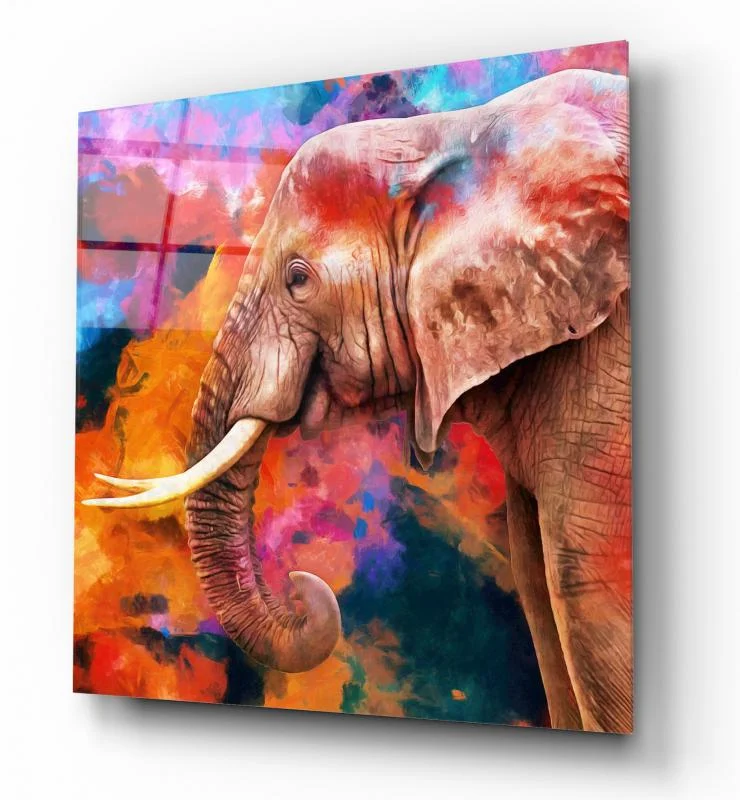 Colorful Elephant Portrait Square Glass Wall Art, alternate angled view showing the glossy glass surface