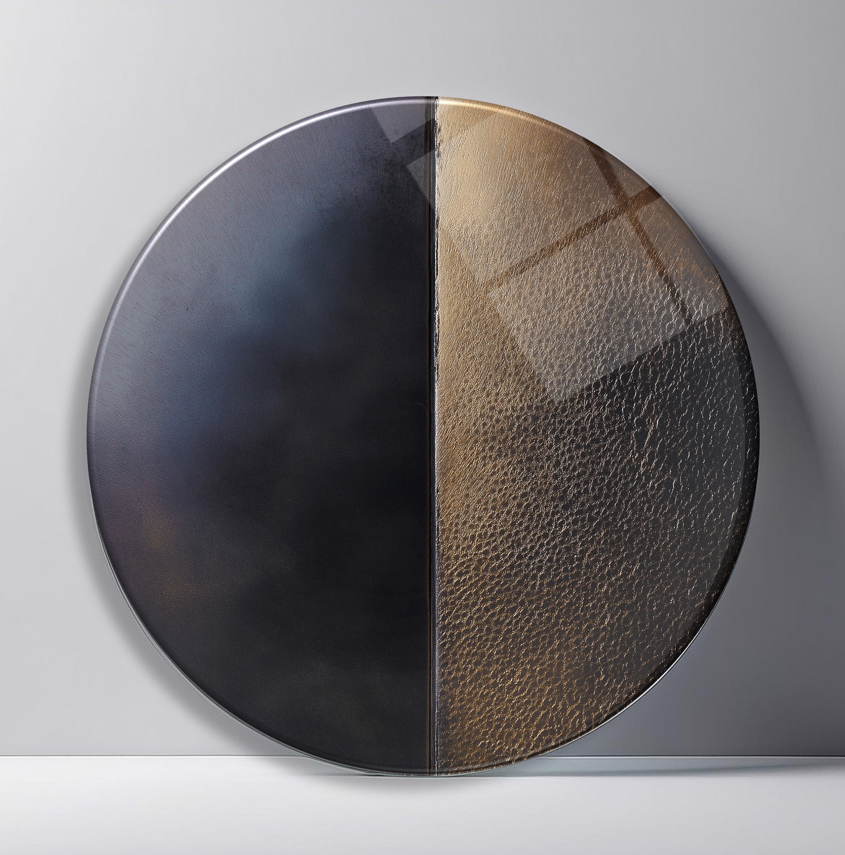 Black Bronze Split Texture Round Glass Wall Art front view, leaning against a neutral wall