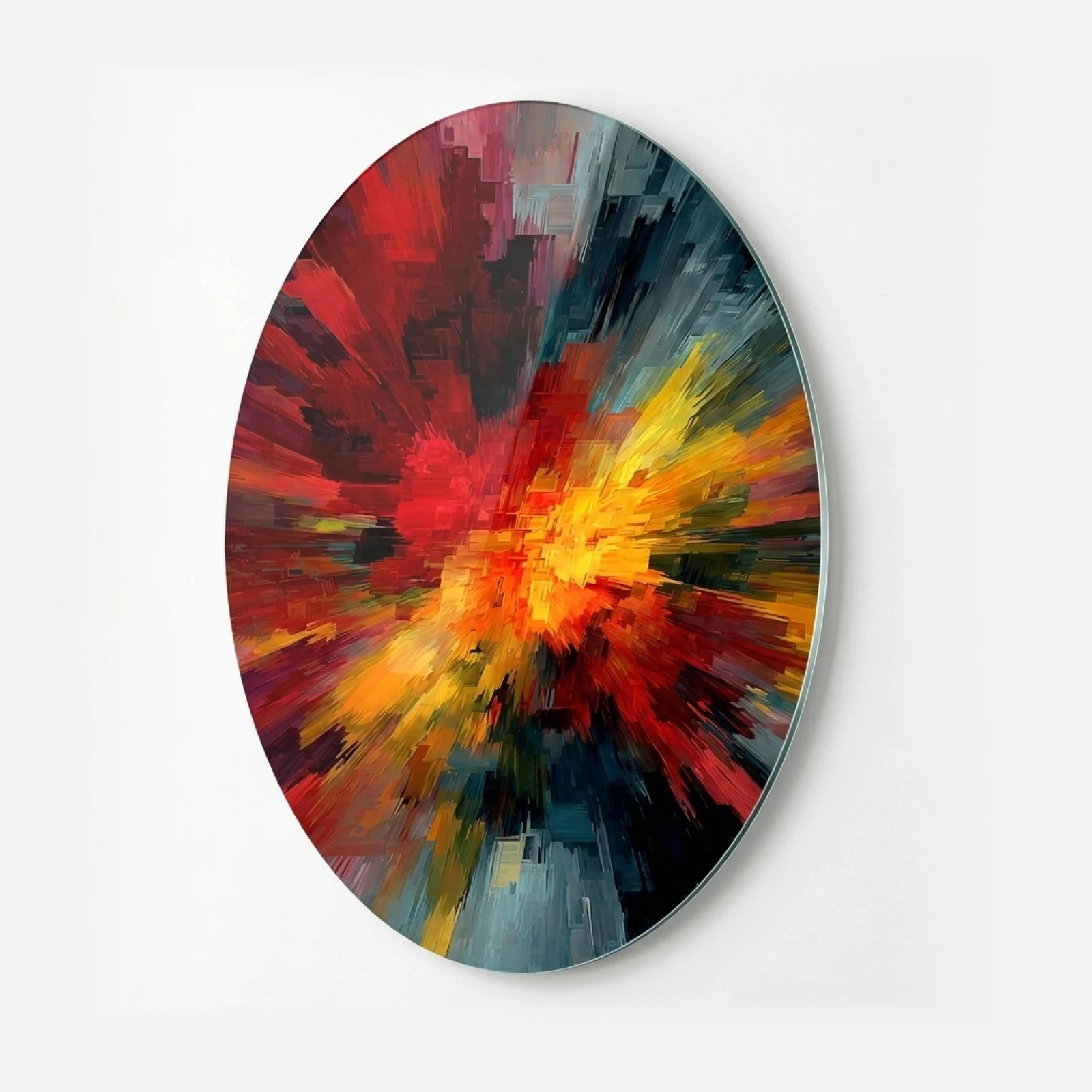 Geometric Color Burst Oval Glass Wall Art, front product view on a neutral background