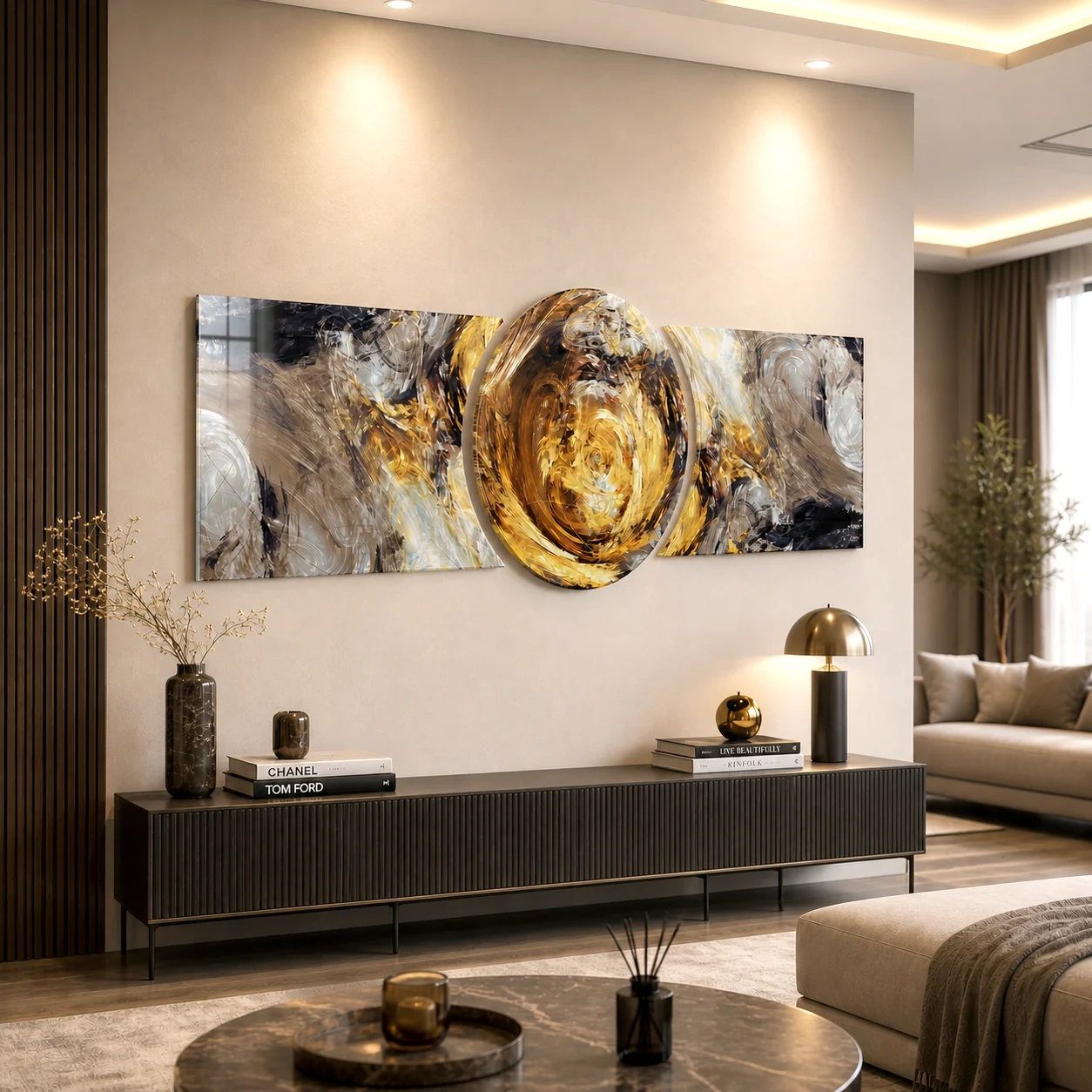 Black Gold Marble Custom-Cut Three-Piece Glass Wall Art, displayed above a console in a warm modern living room