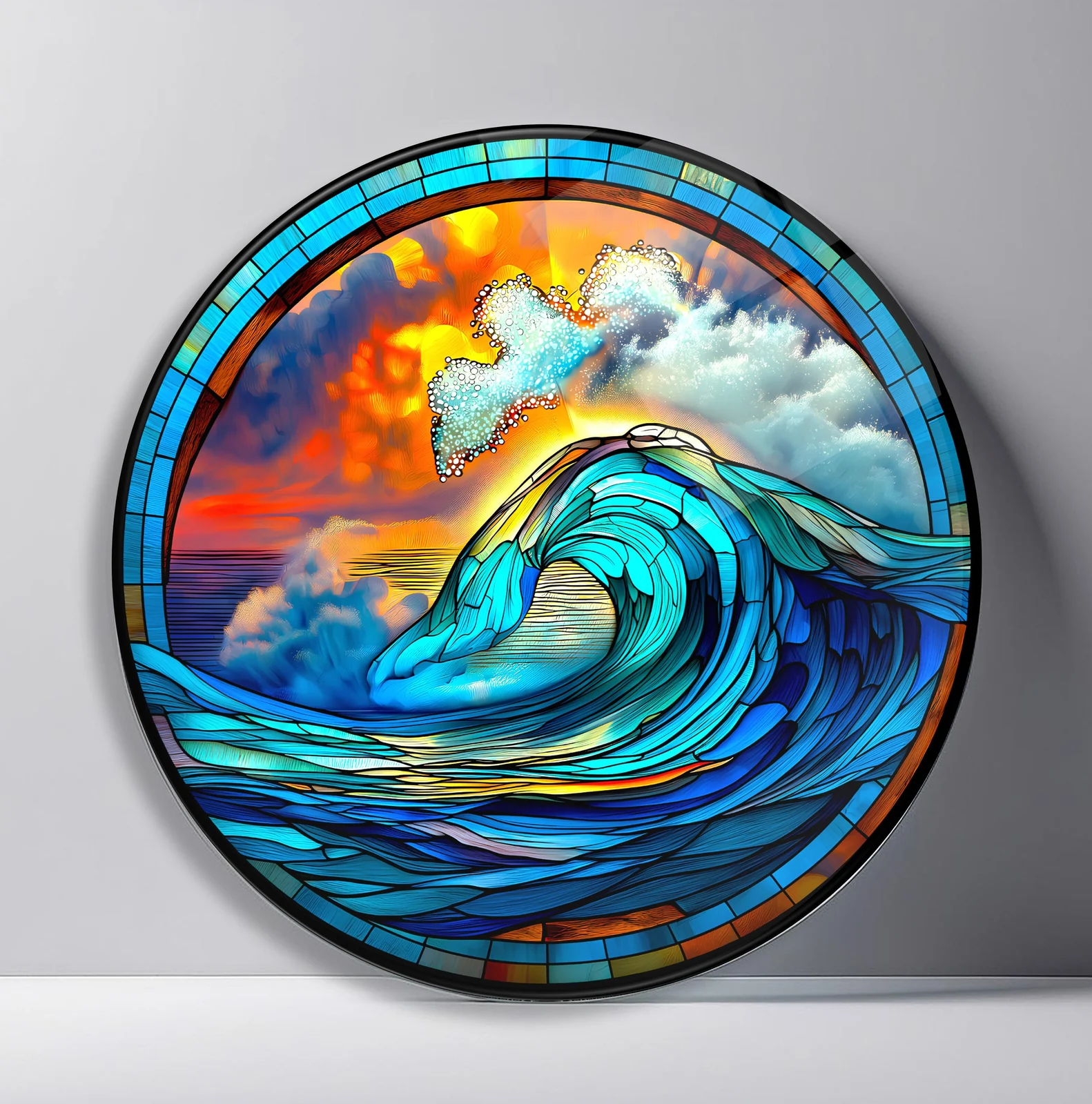 Turquoise Sunset Wave Round Glass Wall Art featuring powerful curling ocean wave beneath a fiery sunset