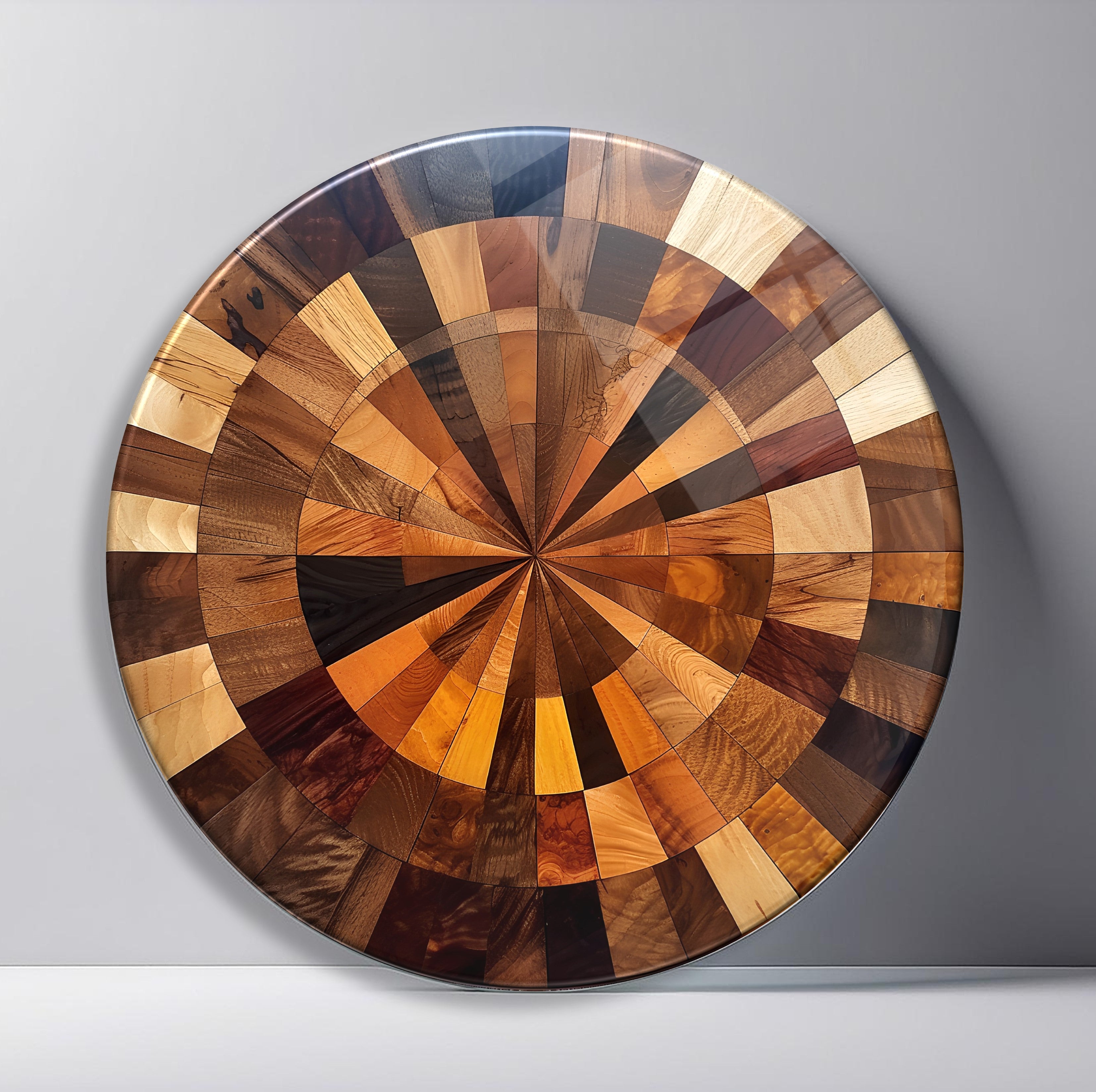 Walnut Geometric Sunburst Round Glass Wall Art featuring faceted wood-grain triangles radiating from the center