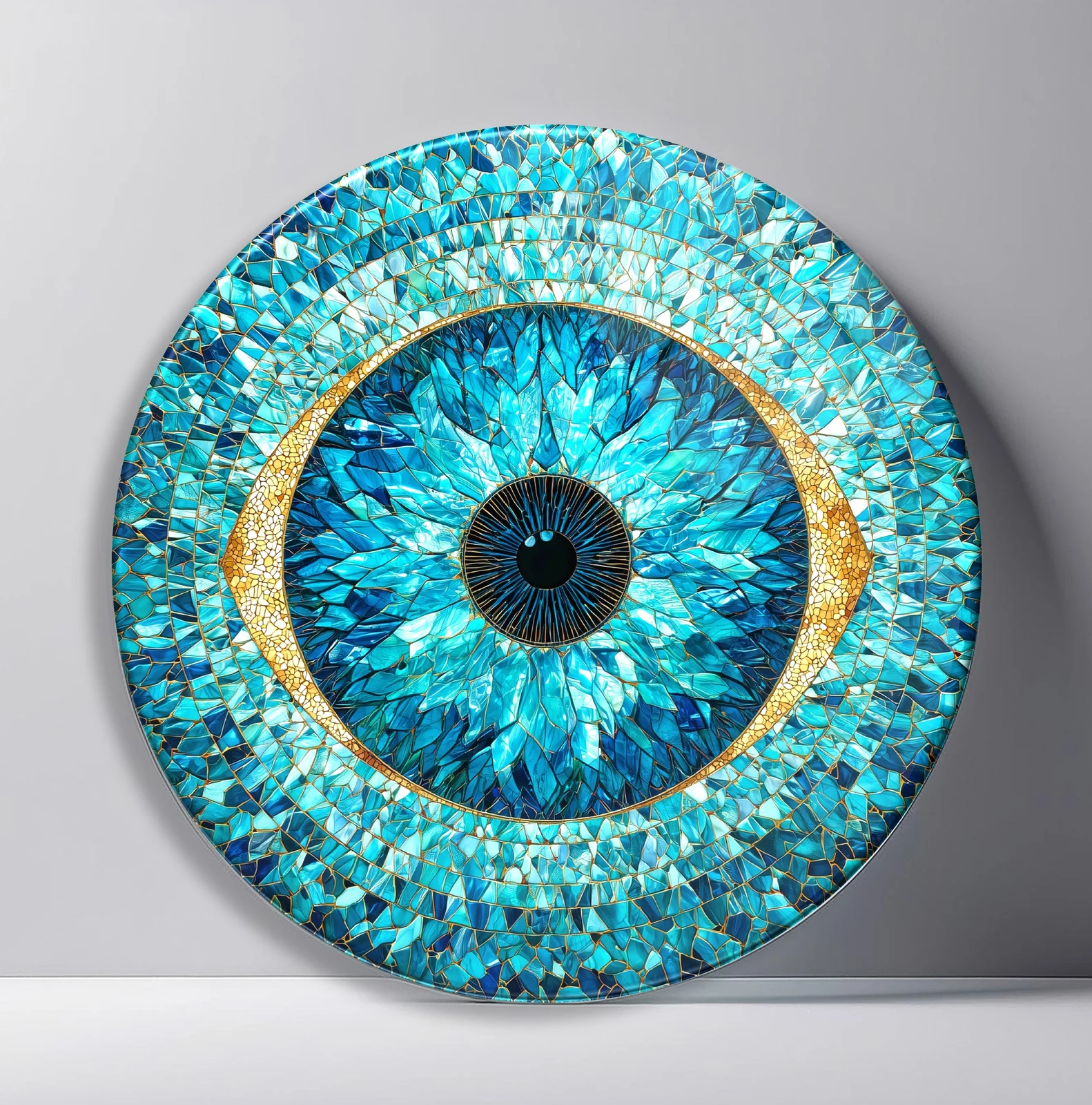 Aqua Crystal Nazar Round Glass Wall Art featuring bright turquoise crystal petals forming a protective eye around black
