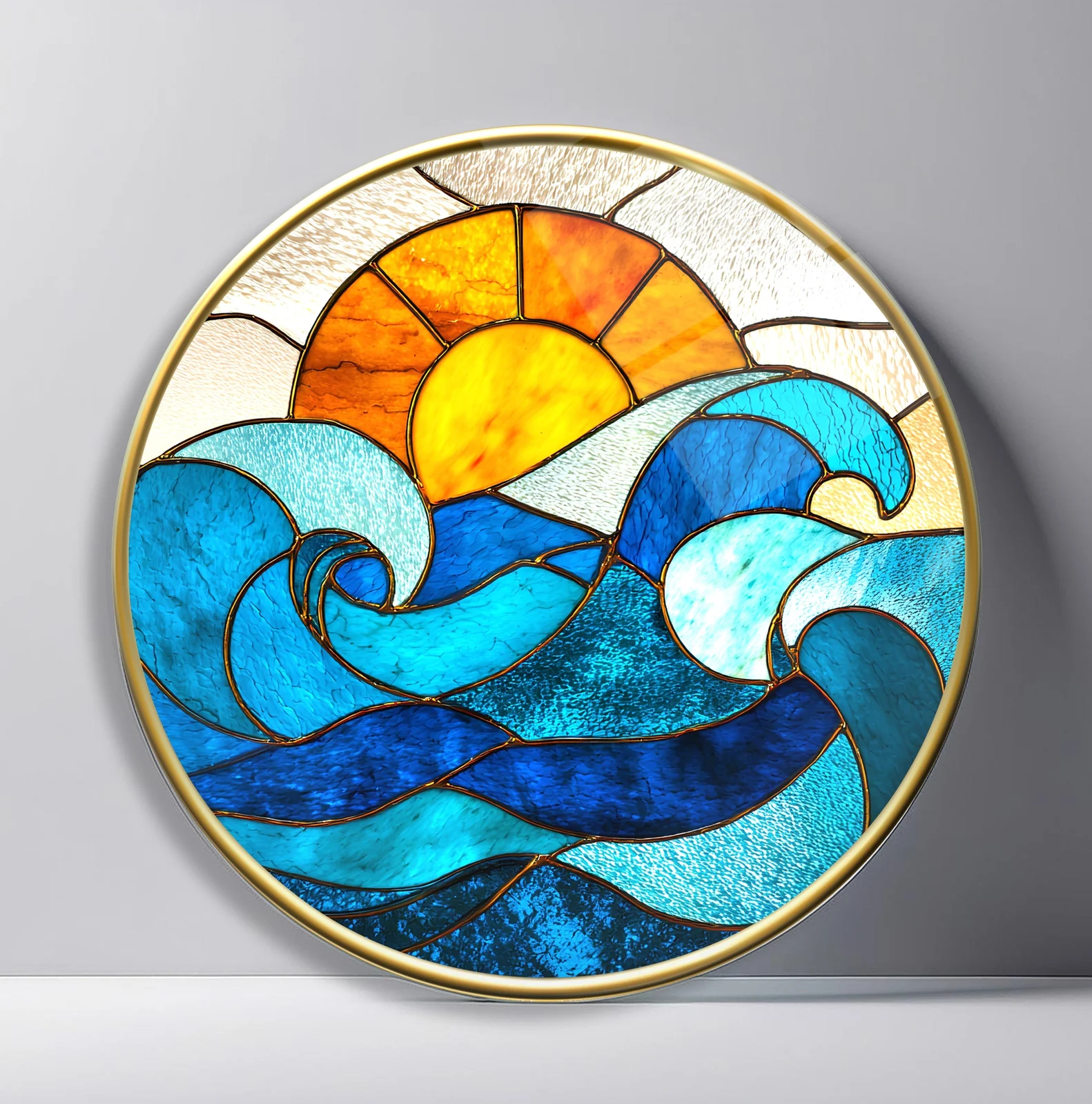 Sunrise Ocean Waves Round Glass Wall Art featuring stylized blue waves rolling beneath a warm rising sun