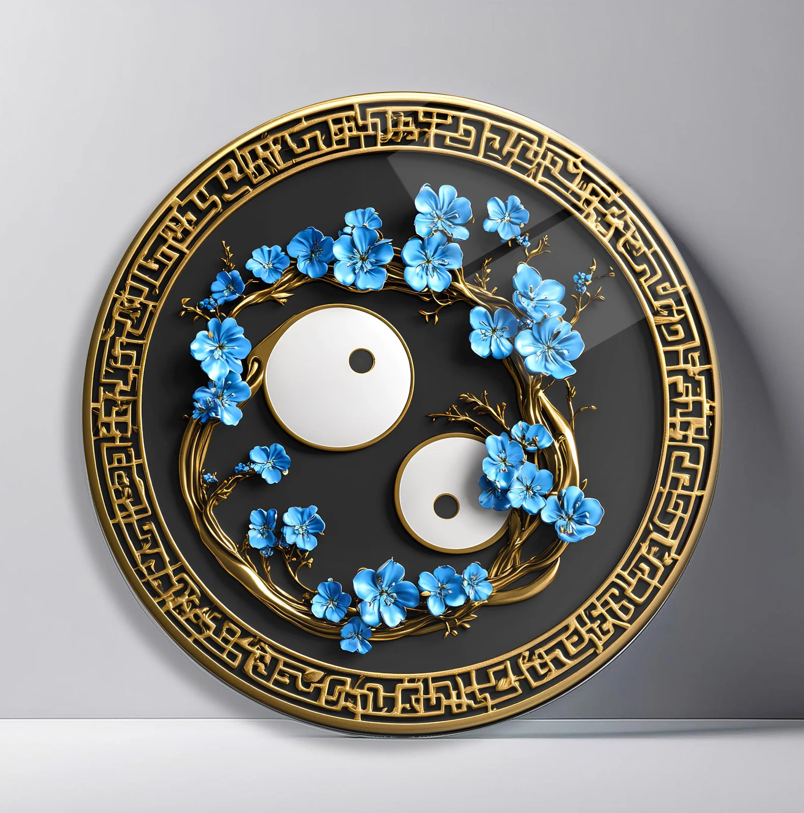 Blue Blossom Yin Yang Round Glass Wall Art featuring black yin yang surrounded by delicate blue flowers and gold branches