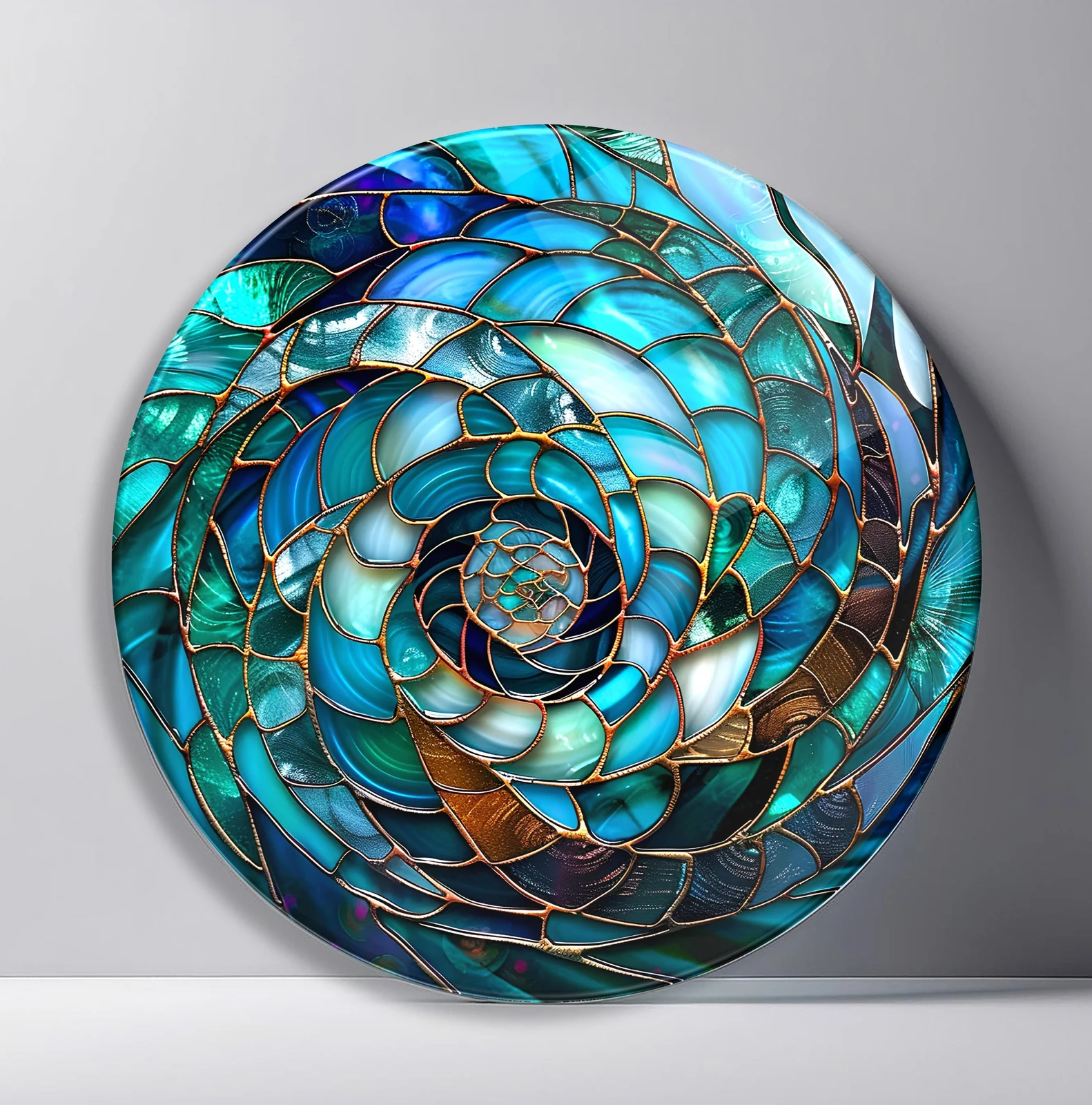 Turquoise Spiral Shell Mosaic Round Glass Wall Art featuring layered turquoise glass segments curling into a shell-like spiral