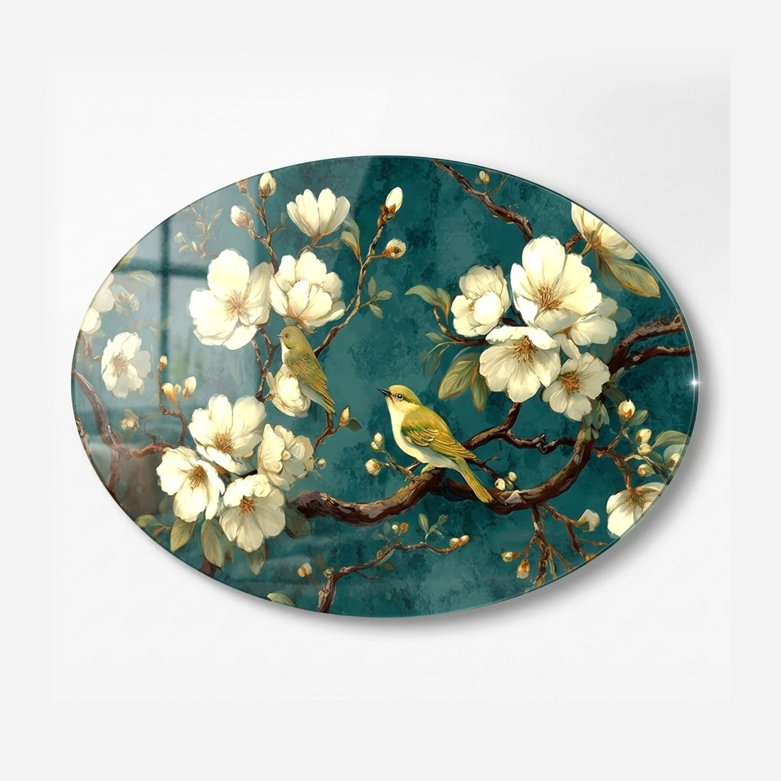 Yellow Birds and Magnolia Branch Horizontal Oval Glass Wall Art, front product view on a neutral background
