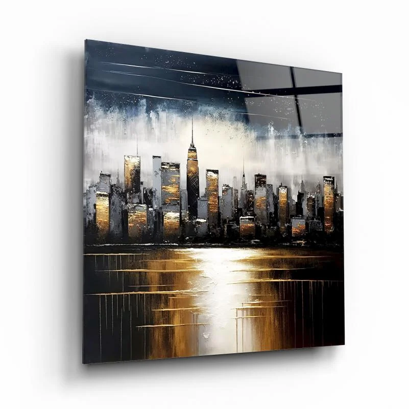 Golden City Reflections Square Glass Wall Art, front angled view