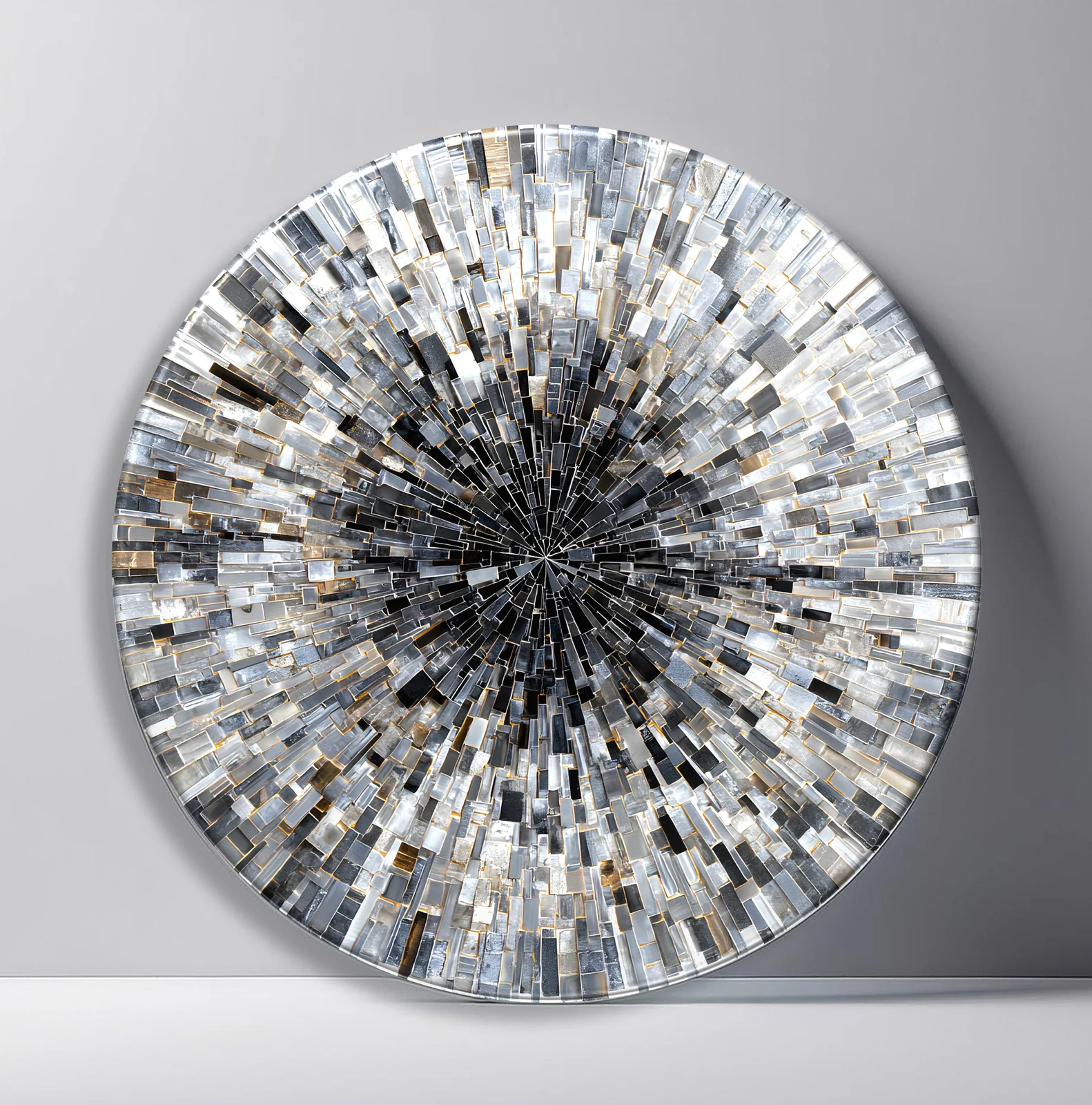 Silver Eclipse Crystal Burst Round Glass Wall Art featuring silver and charcoal crystal bars radiating around a dark core