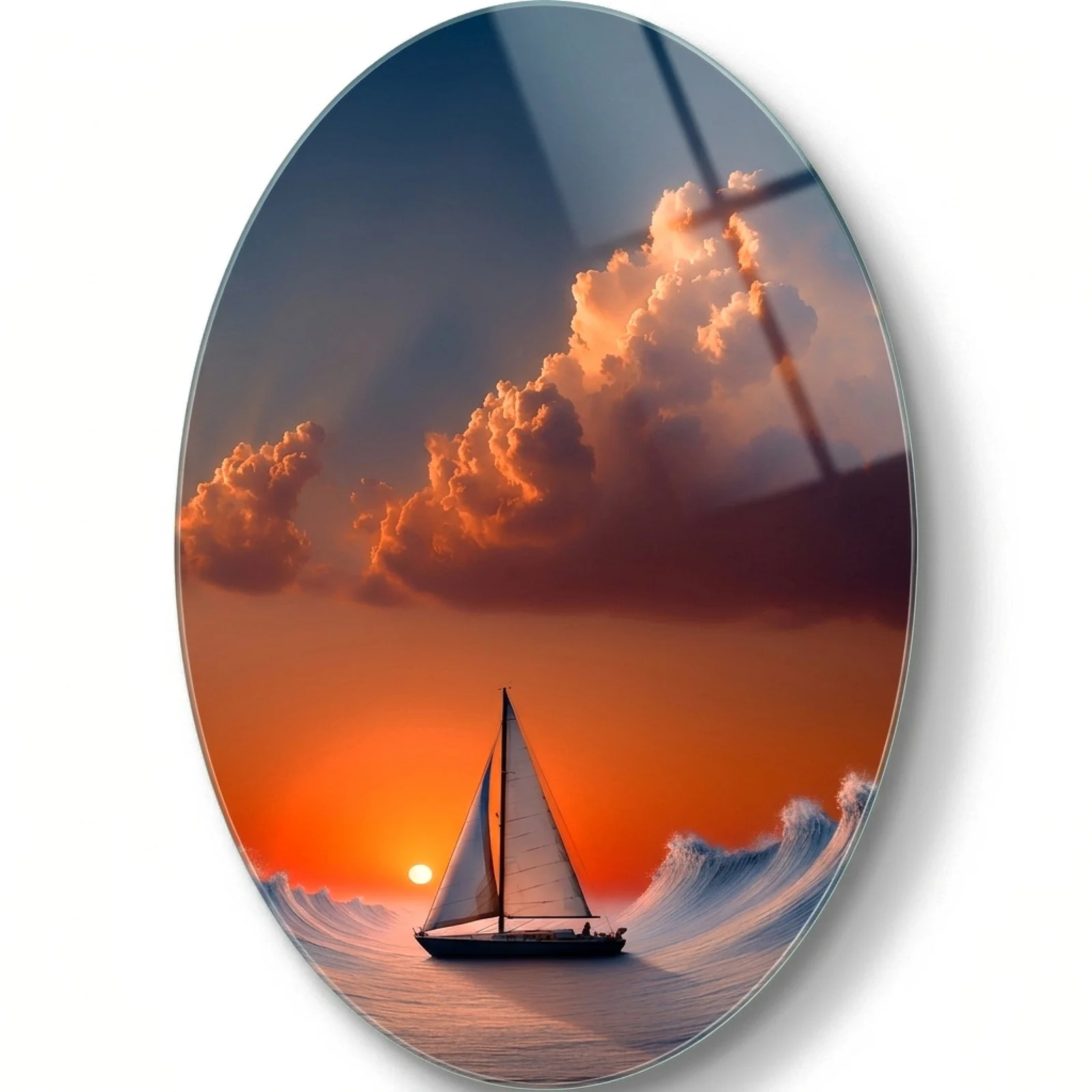 Sailboat in Orange Sunset Waves Oval Glass Wall Art, front product view on a neutral background