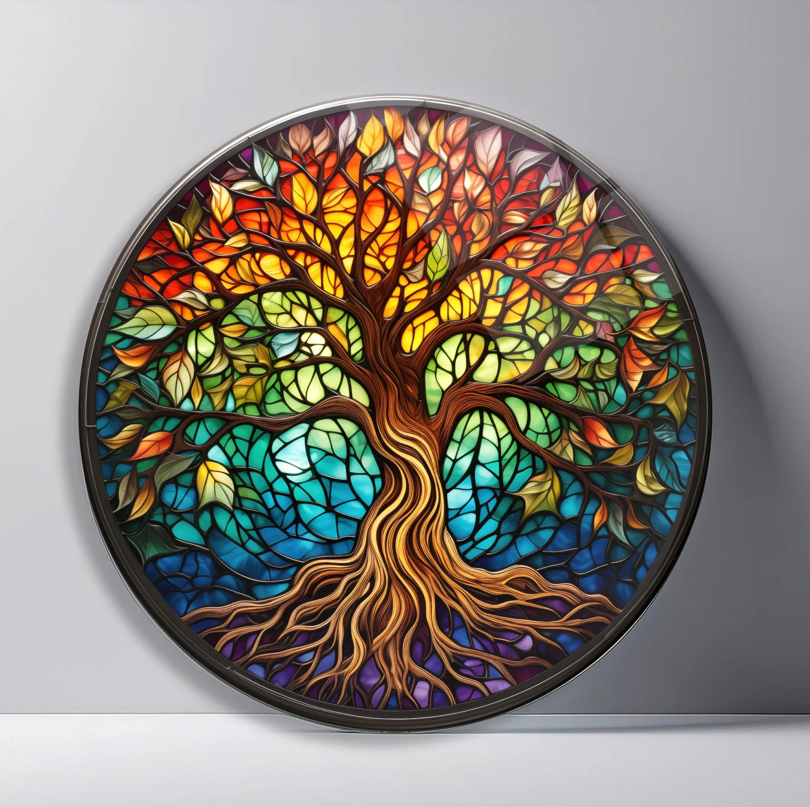 Rainbow Rooted Tree Round Glass Wall Art featuring flowing tree with multicolor leaves and roots across a jewel-toned background