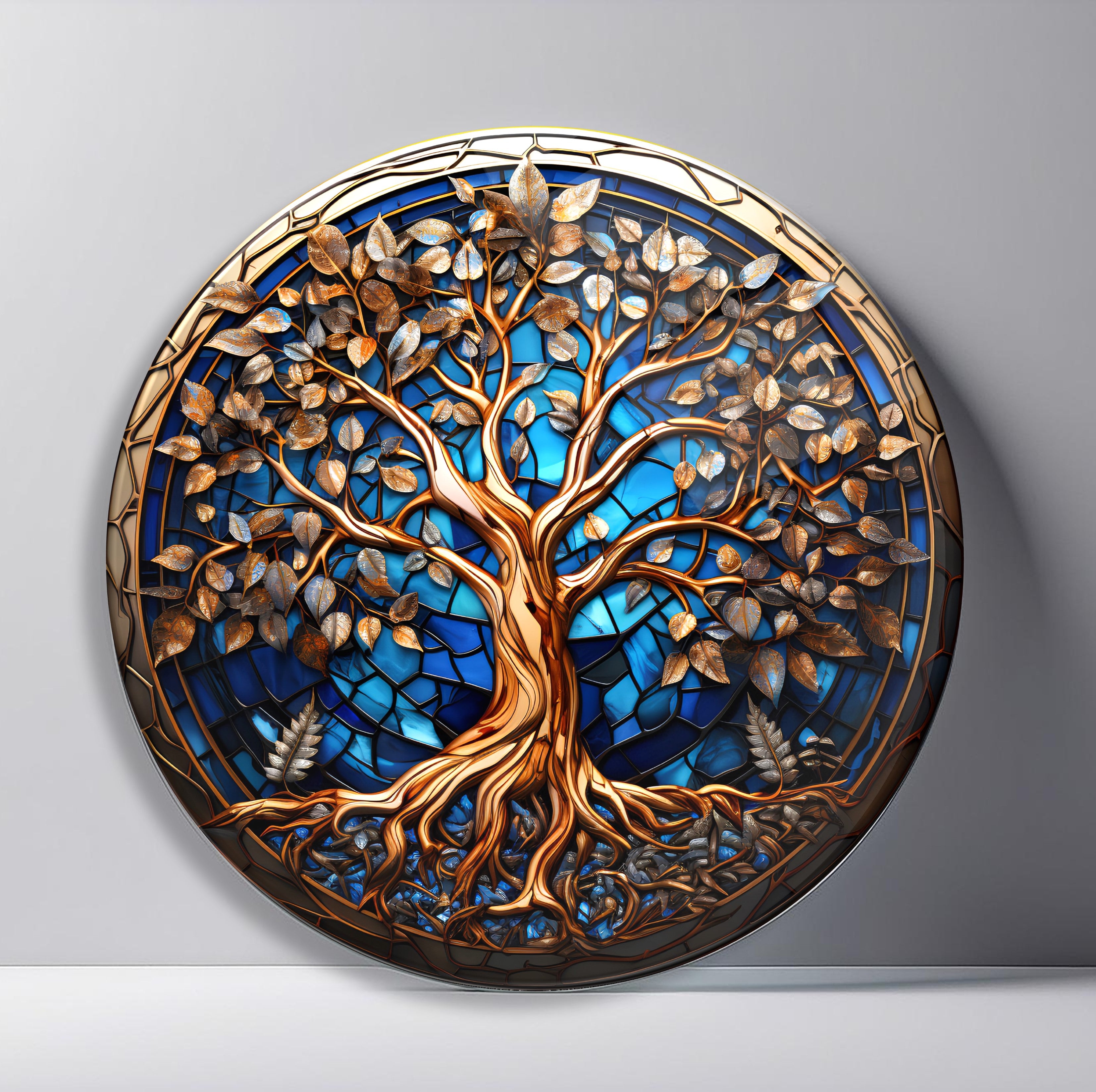 Bronze Tree on Sapphire Round Glass Wall Art featuring sculptural bronze tree and leaves layered over a jewel-blue background