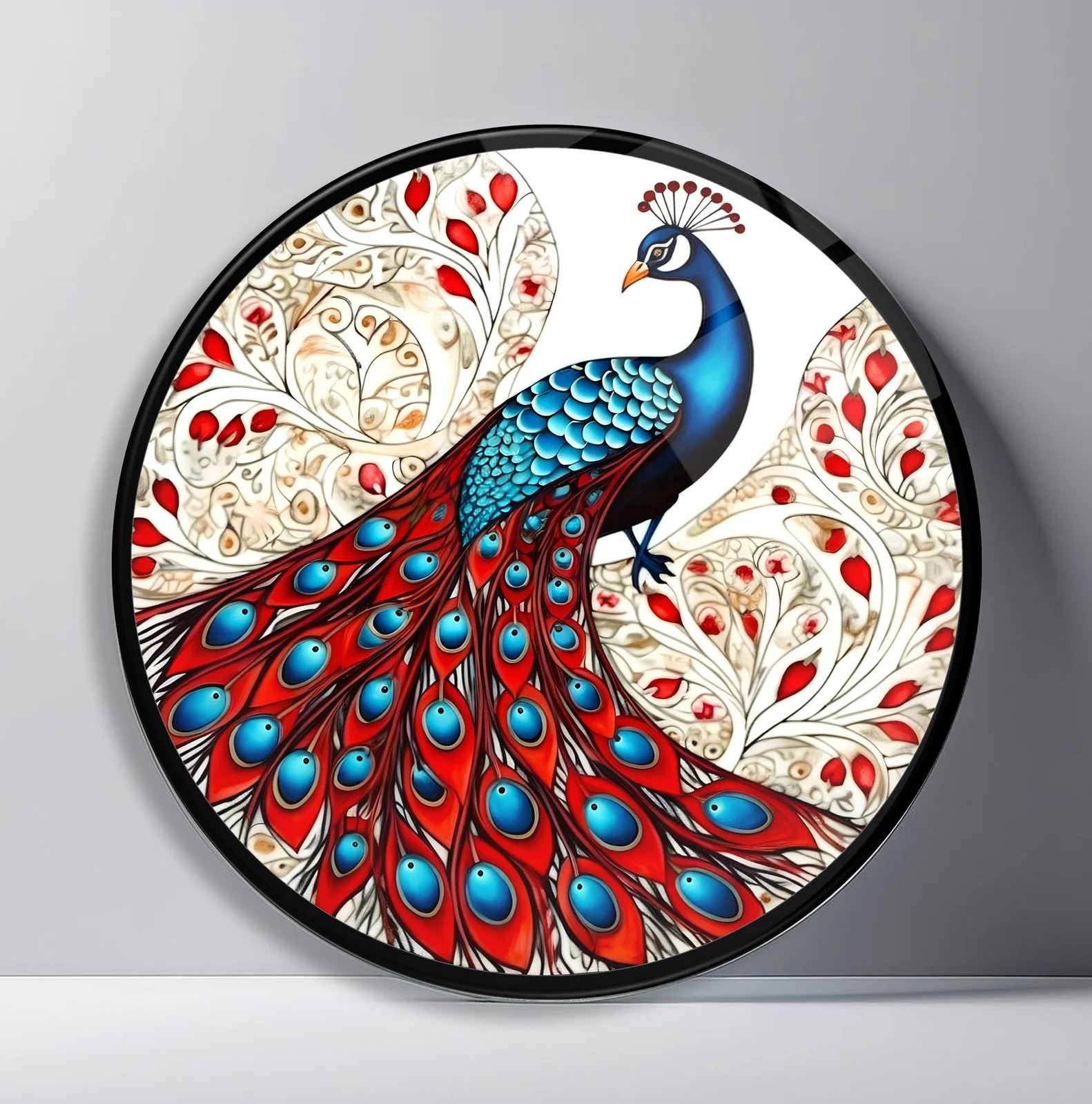 Crimson Garden Peacock Round Glass Wall Art featuring blue peacock with a sweeping red eye-feather tail among delicate blossoms