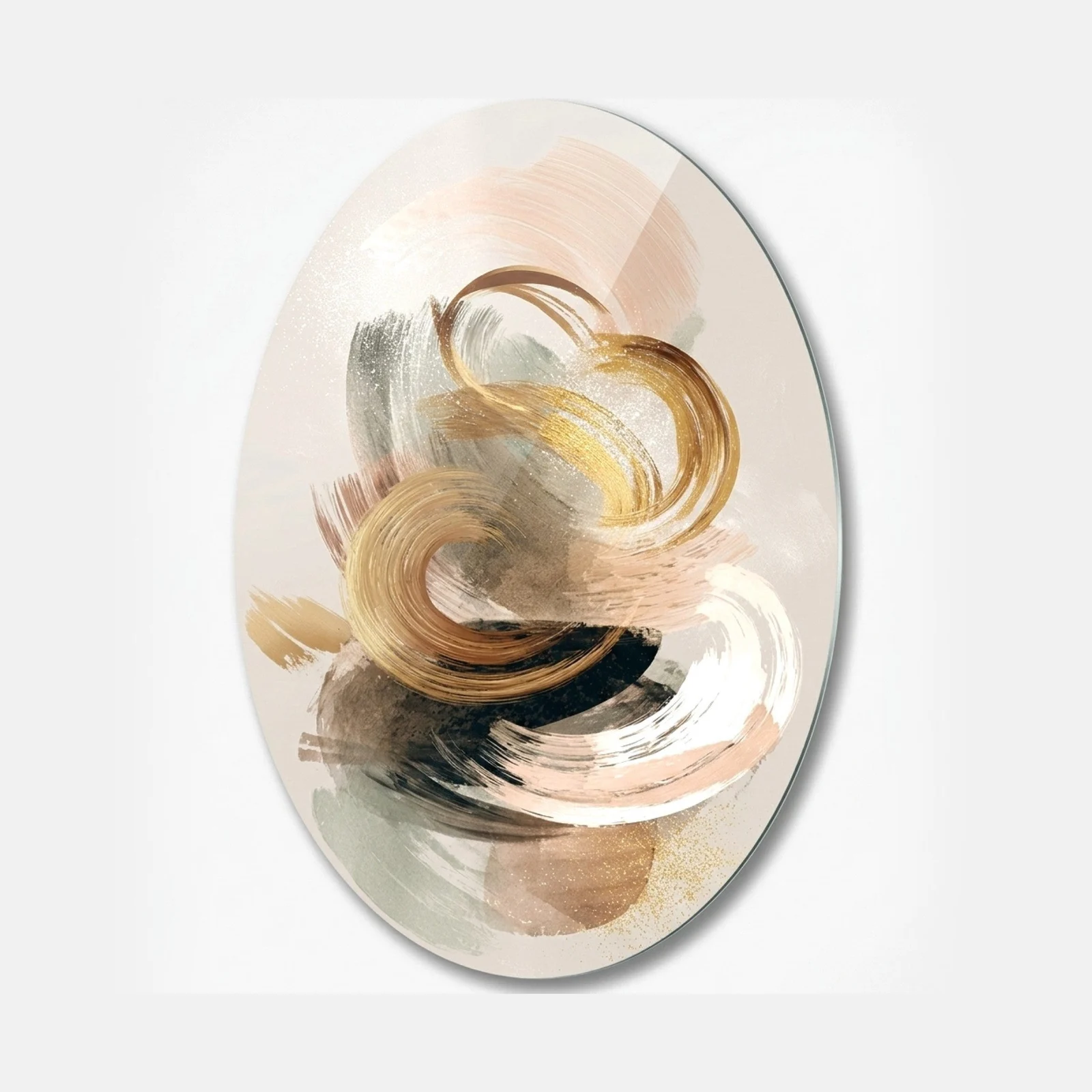 Gold and Beige Brushstroke Abstract Oval Glass Wall Art, front product view on a neutral background