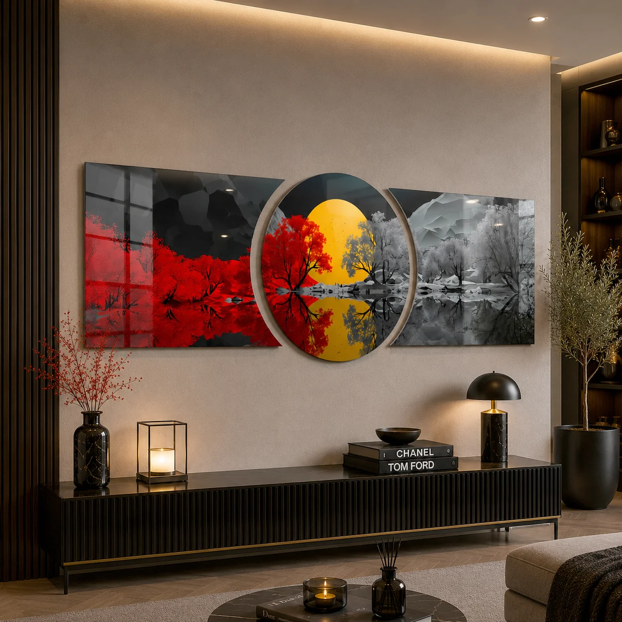 Crimson Tree Reflections Custom-Cut Three-Piece Glass Wall Art, displayed above a console in a warm modern living room