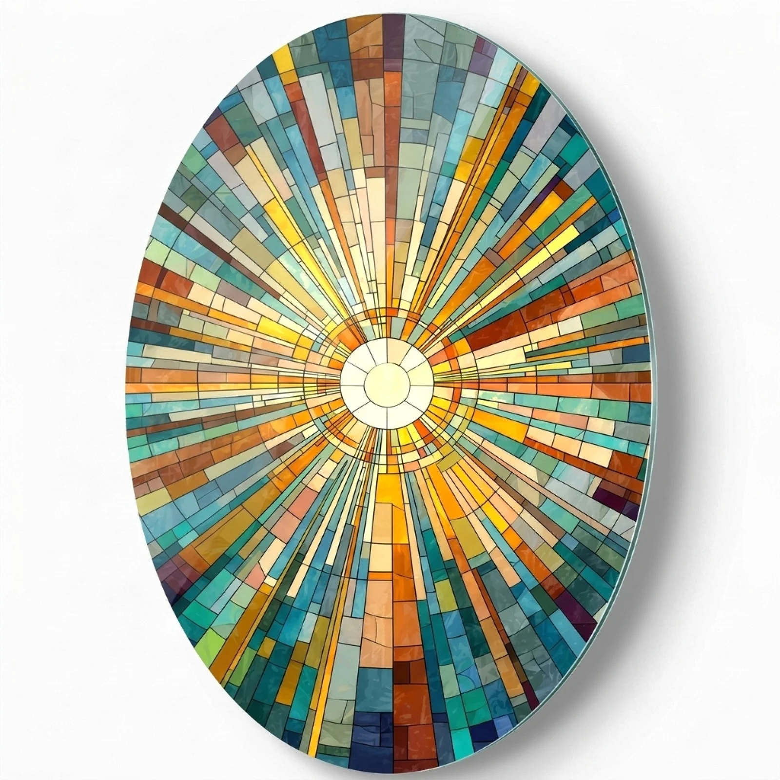 Rainbow Stained Glass Sunburst Oval Glass Wall Art, front product view on a neutral background