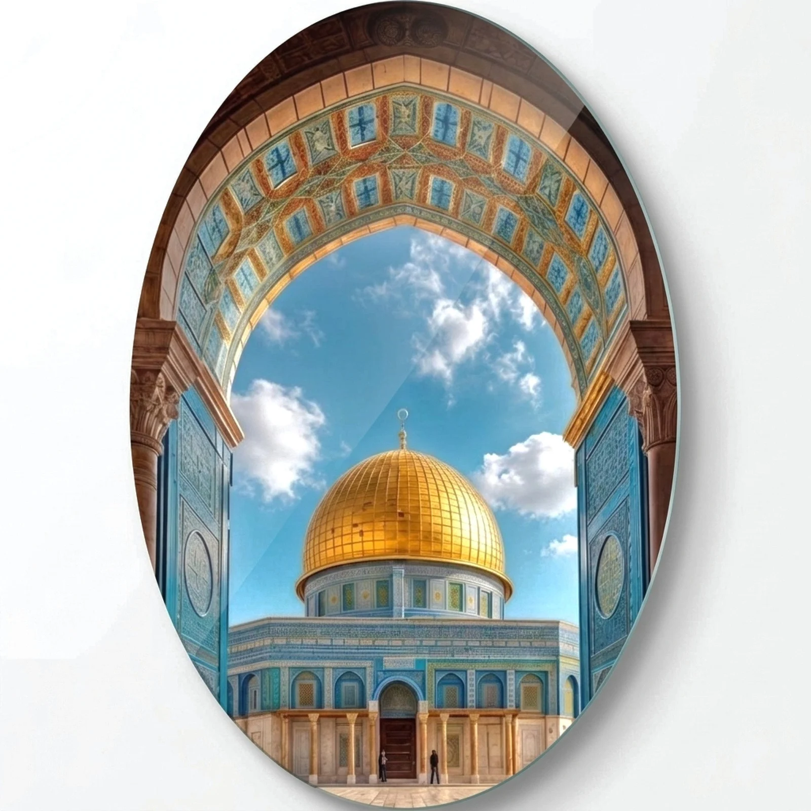 Dome of the Rock Jerusalem Oval Glass Wall Art, front product view on a neutral background