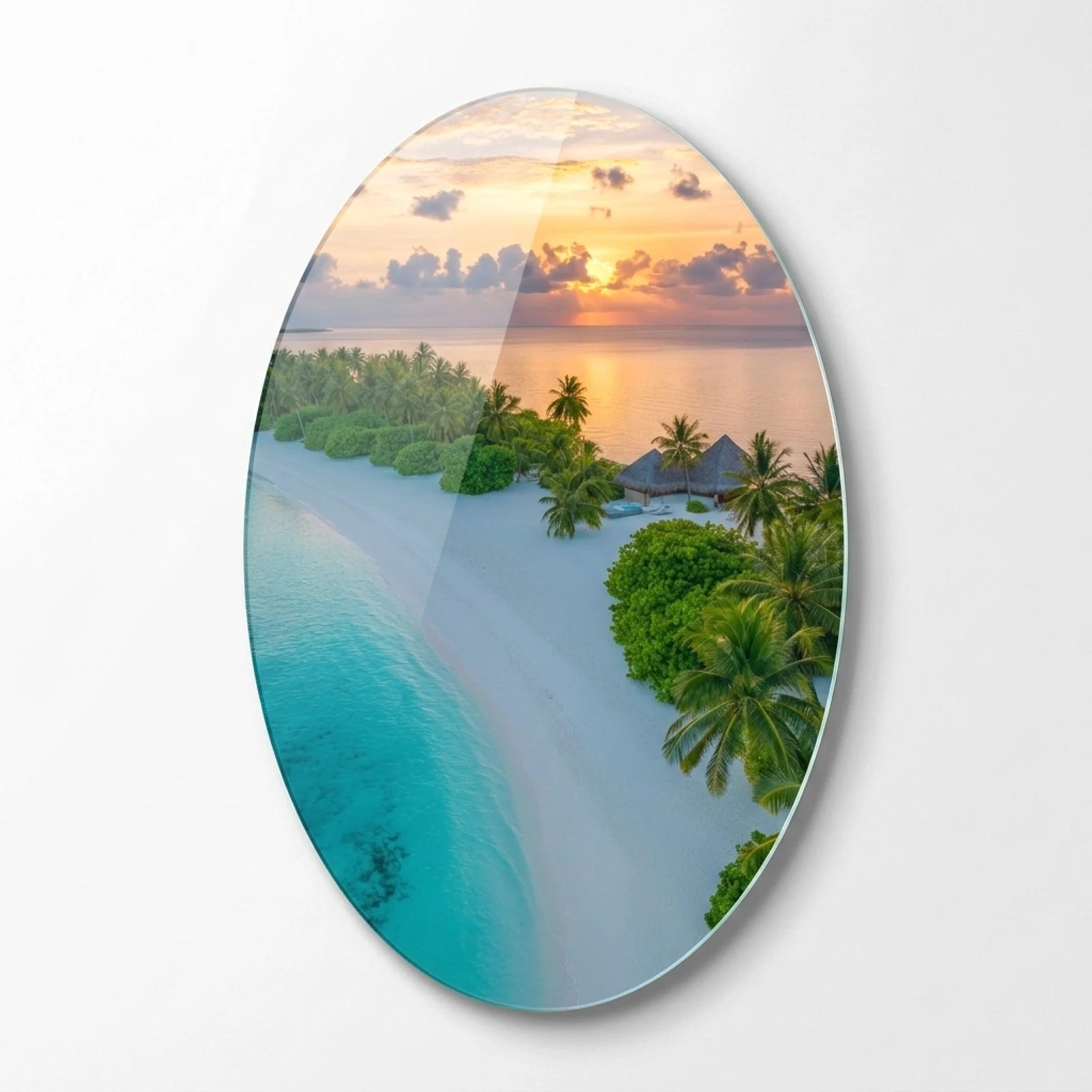 Maldives Beach Sunset Oval Glass Wall Art, front product view on a neutral background