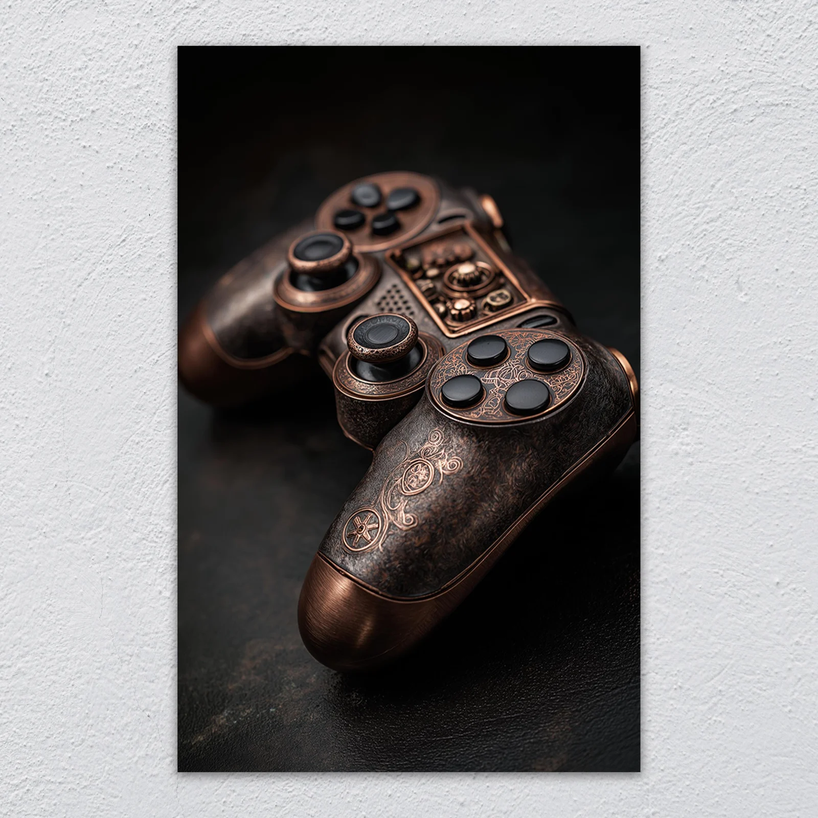 Glass wall art of an ornately engraved bronze steampunk game controller on a dark background