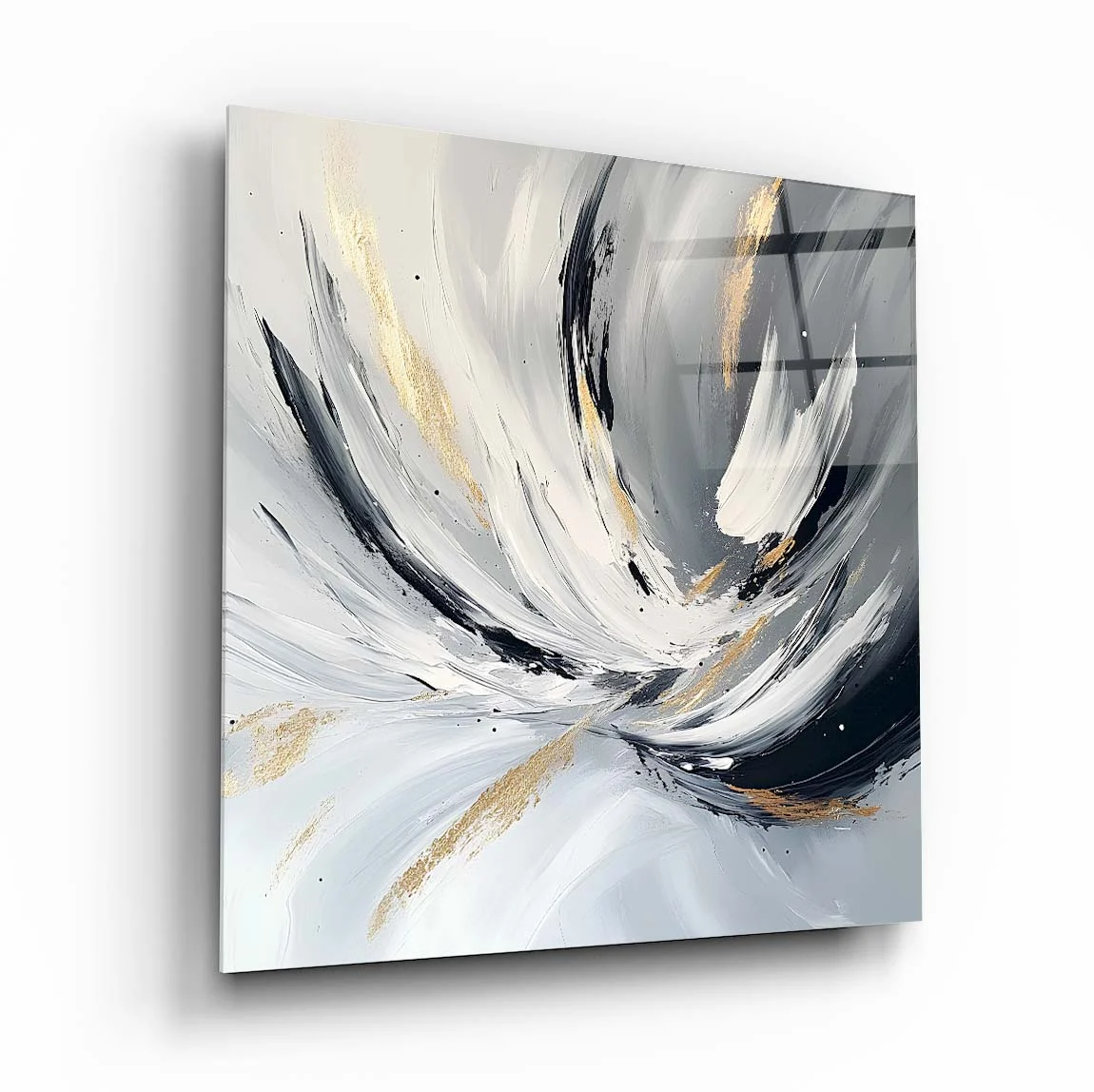 White Feathered Motion Square Glass Wall Art, front angled view
