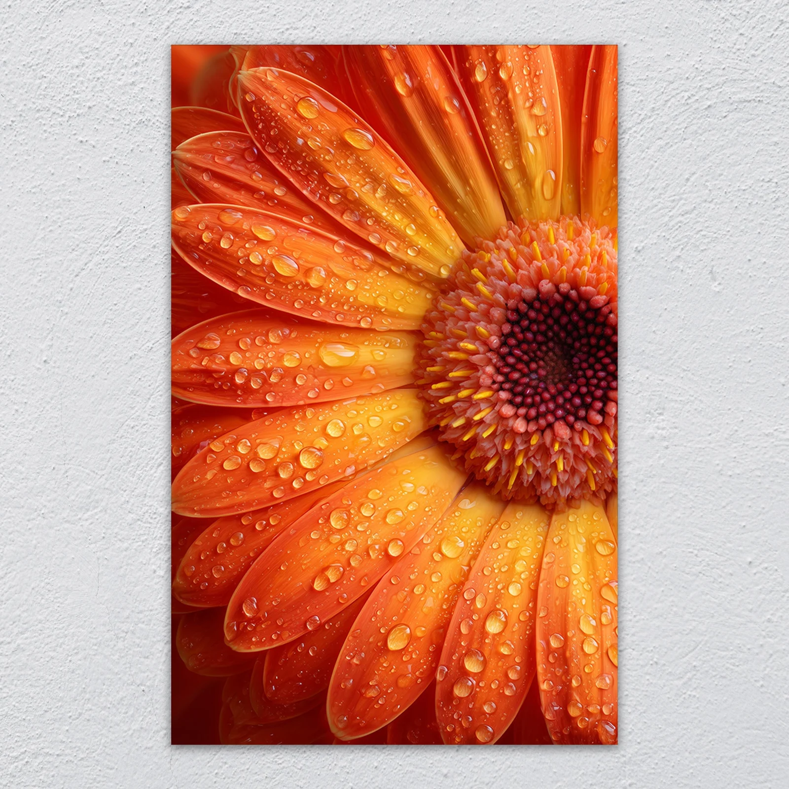 Orange gerbera daisy macro glass wall art shown in a modern living room