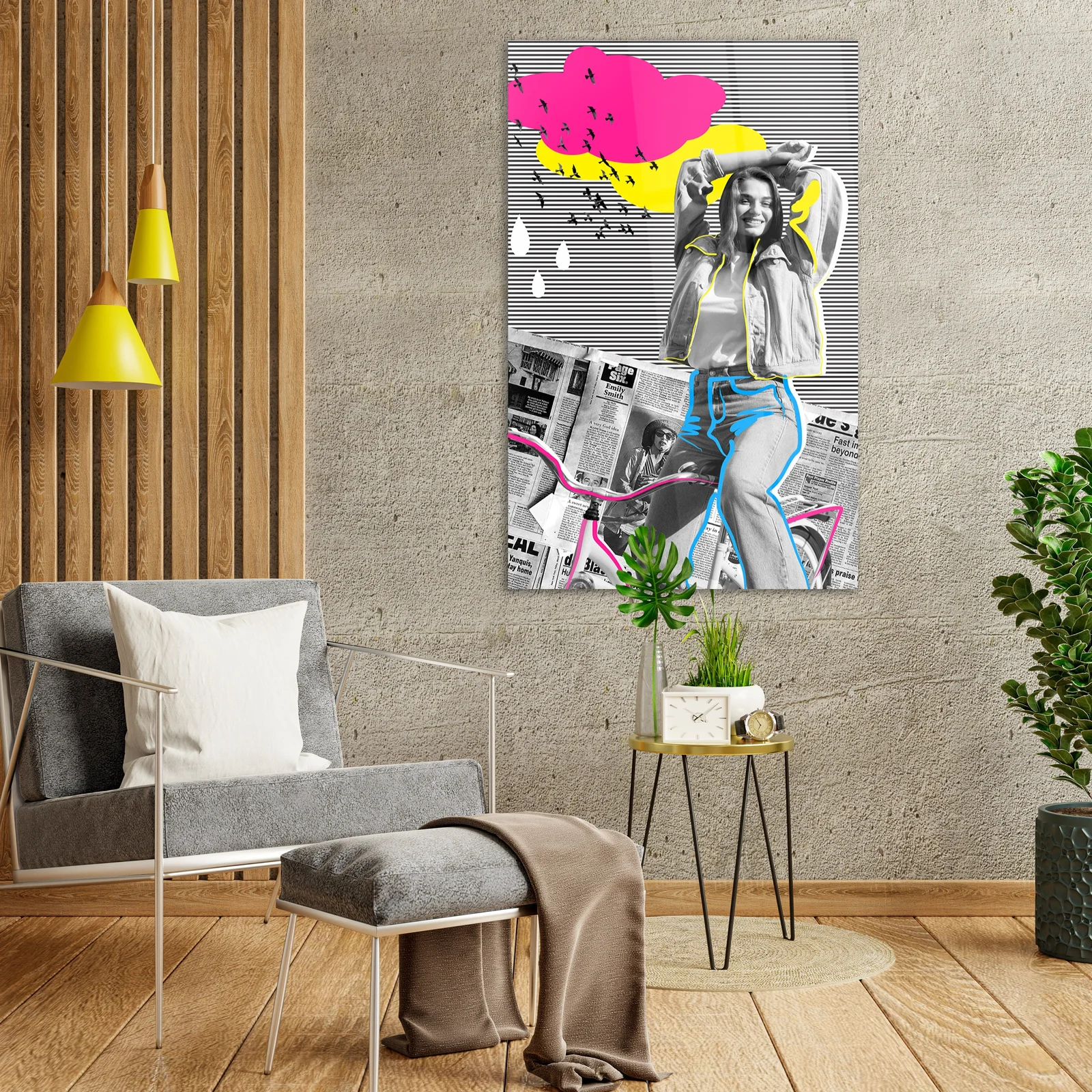 Bicycle pop-art collage glass wall art shown in a modern living room