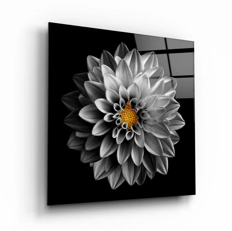 Silver Dahlia with Golden Heart Square Glass Wall Art, front angled view