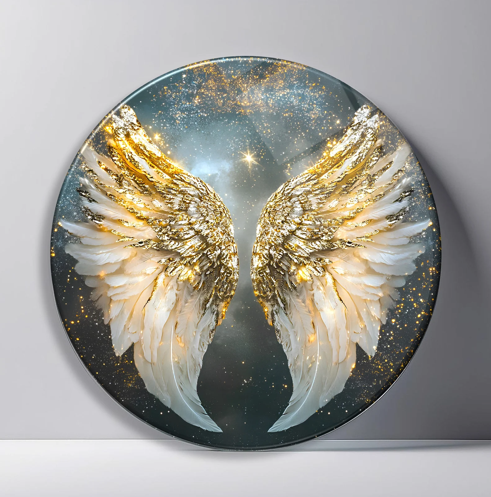 Celestial White Wings Round Glass Wall Art featuring luminous white wings opening against a starry blue-gray sky