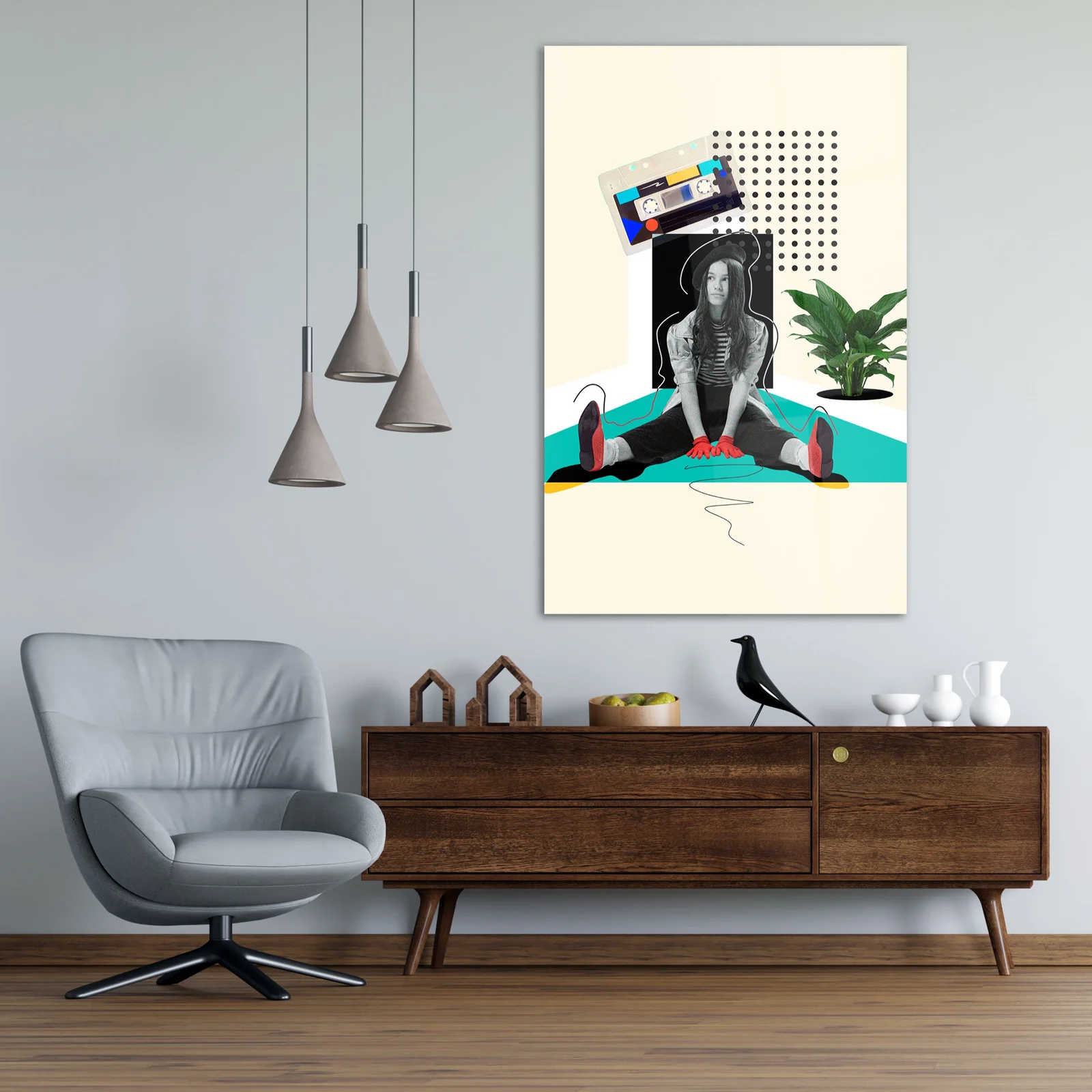 Retro cassette collage glass wall art shown in a modern living room